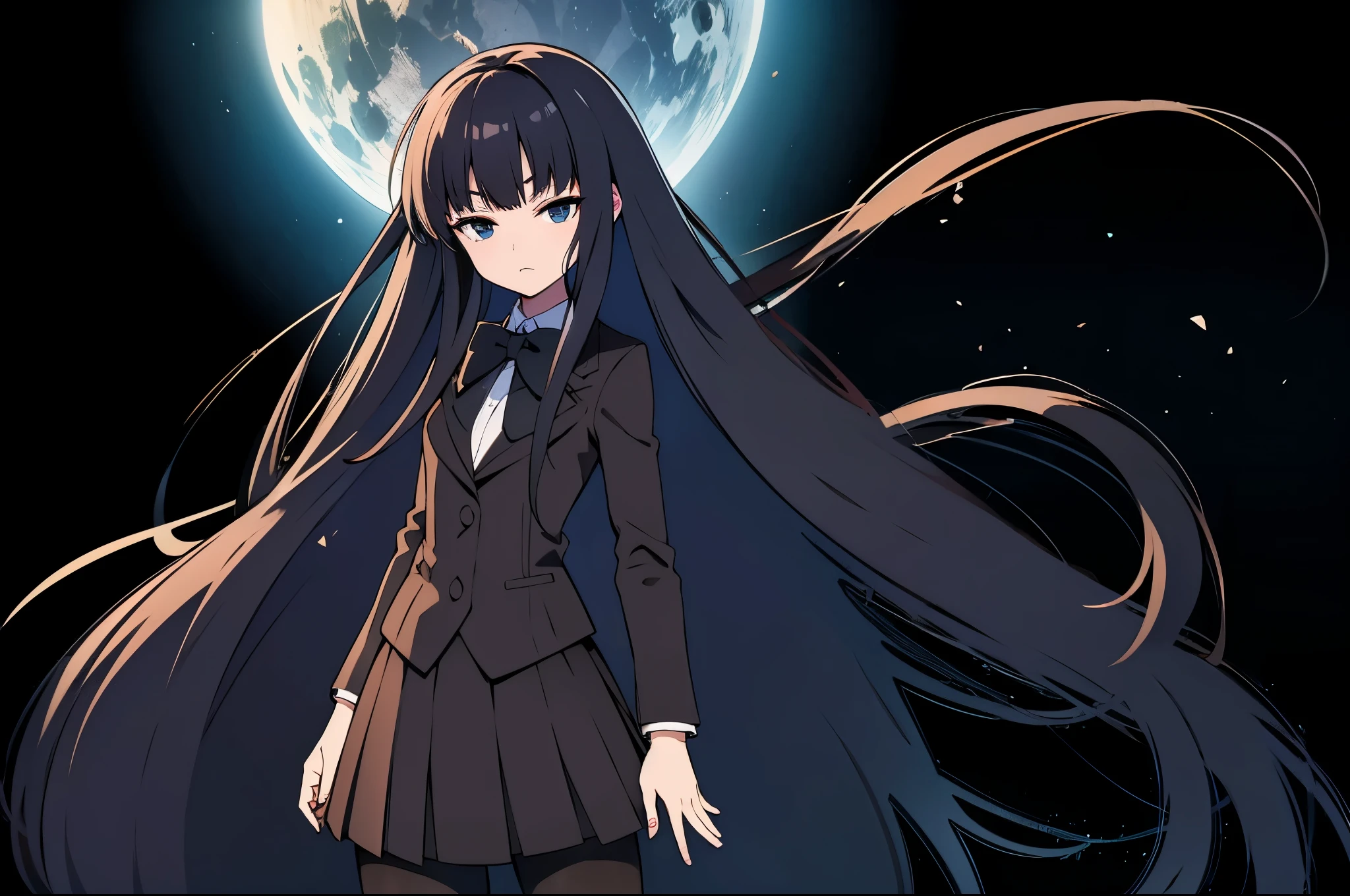 back ground Starry night sky, in space, zero gravity, from side, lie on air, close eyes1:2, anime style, 1femail, ultra high res, Best quality, ultra detailed, wearing a black blazer, school uniform, straight long hair, thin legs, pantyhose (black), dark brown bowtie, black skirt, break ideal ratio body proportions, clear detailed face, high nose(1:2), large mouth, break black eyes, break a strong female character with broad shoulders, straight long hair, 8k, masterpiece, dark eyelashes,
