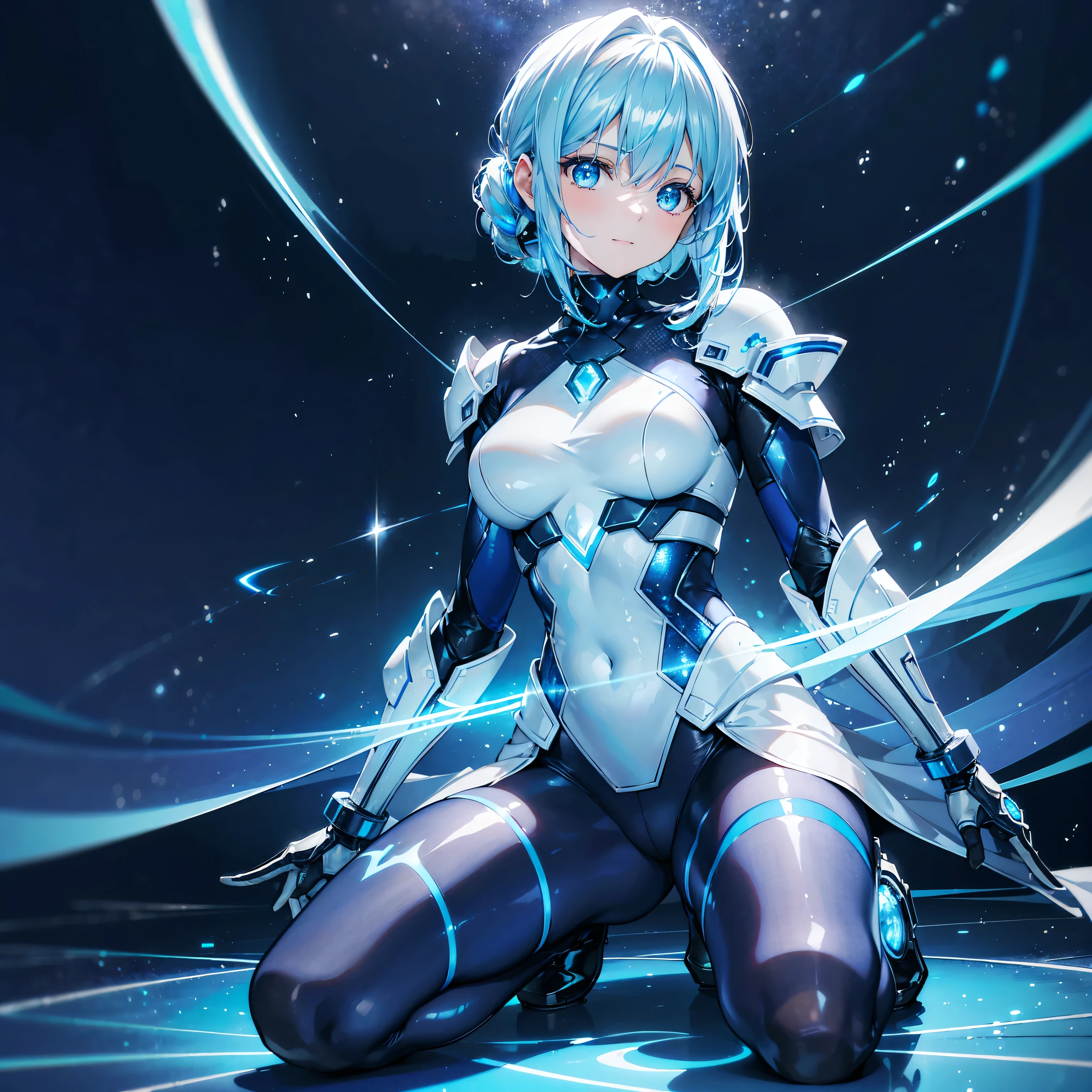 ((Holographic glow effect)),8k, Highest quality, (real:1.4), Original photo, 1 person, Asari Hair, Biological Amplifier, Very sleek and futuristic armor, posture: Peace talks between warring factions,,attention arousal, smart blue eyes,A modest smile,Knee-high boots,Patent-look blue tights,Blue big moon and blue light swirl in the background,Blue light from behind,blue light magic,A small, glowing blue ball in the palm of your hand,Blue flame swirl,Blue Comet,Polished floor,