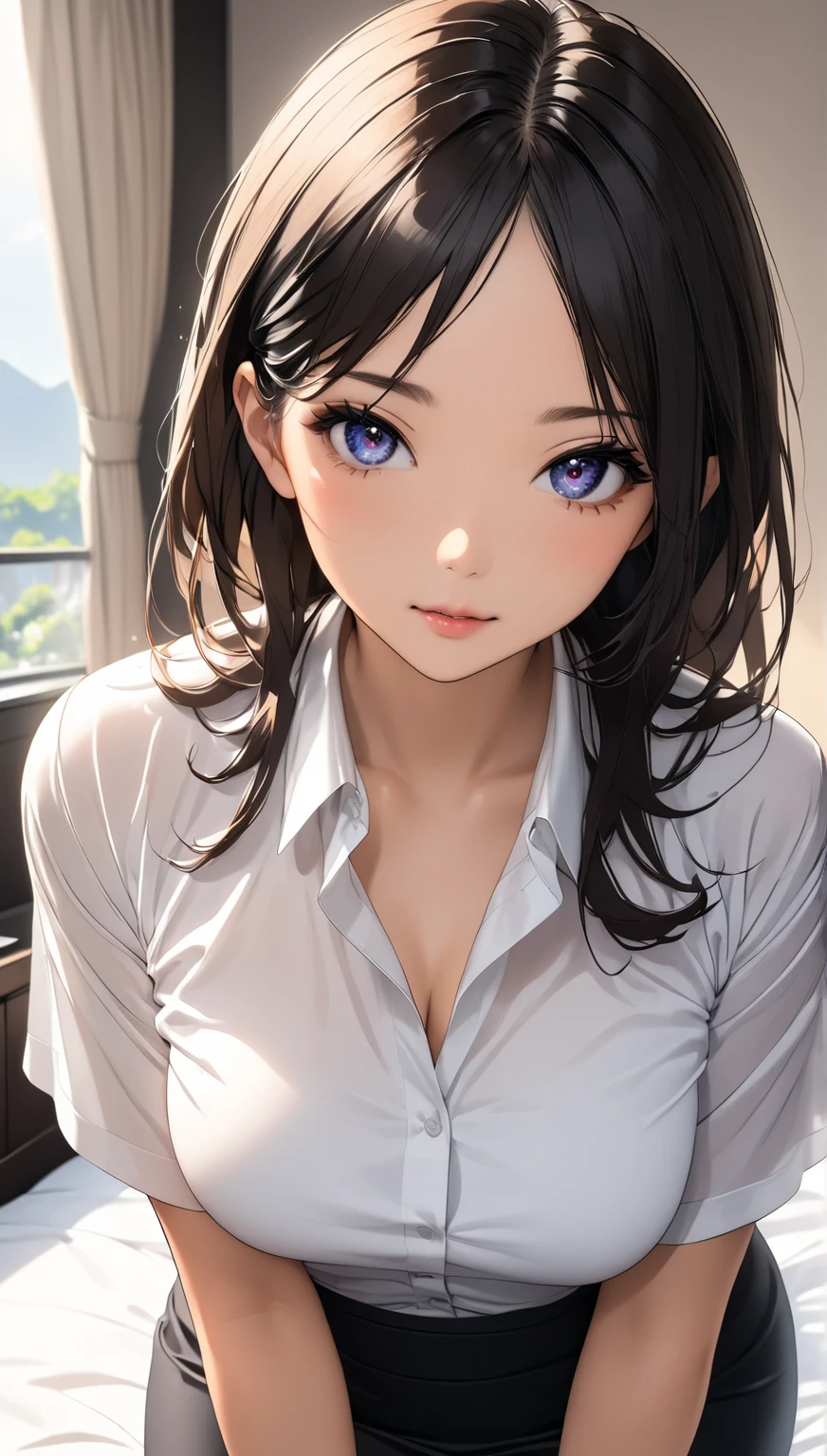 perfect eyes,detailed,attractive ,adult,mature, cross one&#39;s legs,A cunning smile  ,high heel,,sun,,dominant,ponytail hair,mature face,senior illustration ,colorful hair,skirt,cleavage shirt,sharp, Lips