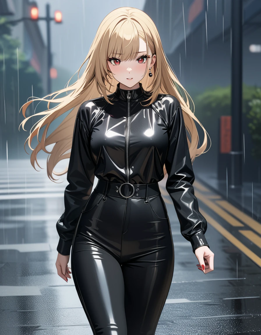 blonde,ponytail,He is wearing a long black raincoat over a tight black suit.,blue eyes,Large Breasts,thin,Serious face,blush,rain,forest,night,Downward,Gloomy face,Full body view,Trying to take off,