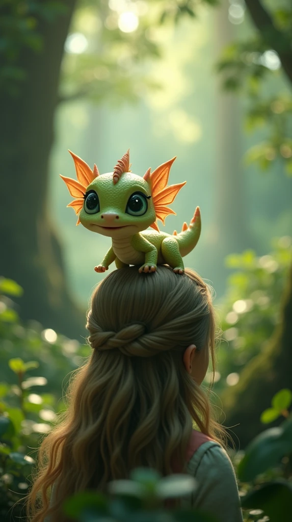 Little sweet dragon of the sholder from a fairy, background forrest, octane render, UHD, bokeh