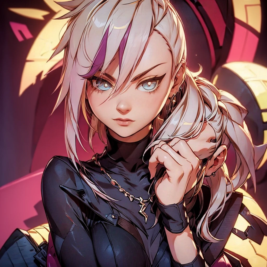 A beautiful girl with delicate facial features, white single ponytail, demon horns on her head, tattoos on her face, golden glowing eyes, a glowing long sword, monster in the background mist, from the side, fierce eyes, extremely angry expression, roar, battle posture drawing,