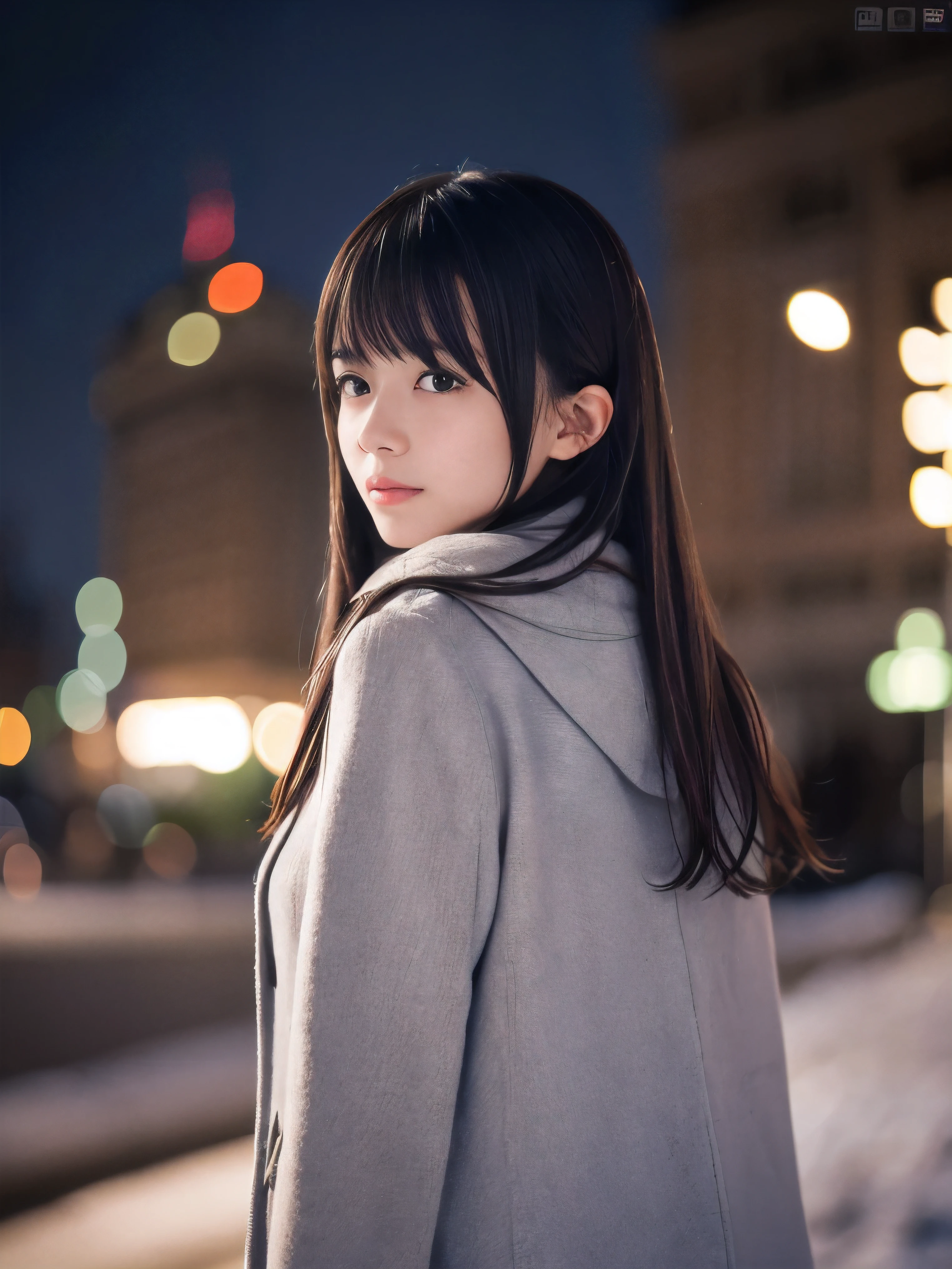 (Close-up face shot of one slender small breasts dark silver long hair with swept bangs girl in a winter long coat and  scarf:1.5)、(One girl is looking back with crying face:1.5)、(Very beautiful Christmas illumination night:1.5)、(Heavy snowing night:1.5)、(blurred background:1.5)、(Natural light:1.5)、(8k ultra detailed master piece:1.5)、(perfect anatomy:1.5)、(Photorealistic stick:1.5)、(Raw photo:1.3)、(highest quality:1.5)、(High resolution:1.3)、(Delicate and beautiful perfect face:1.3)、(Delicate and beautiful eye air skin:1.3)、(Real Human Skin:1.3)、((thin legs))