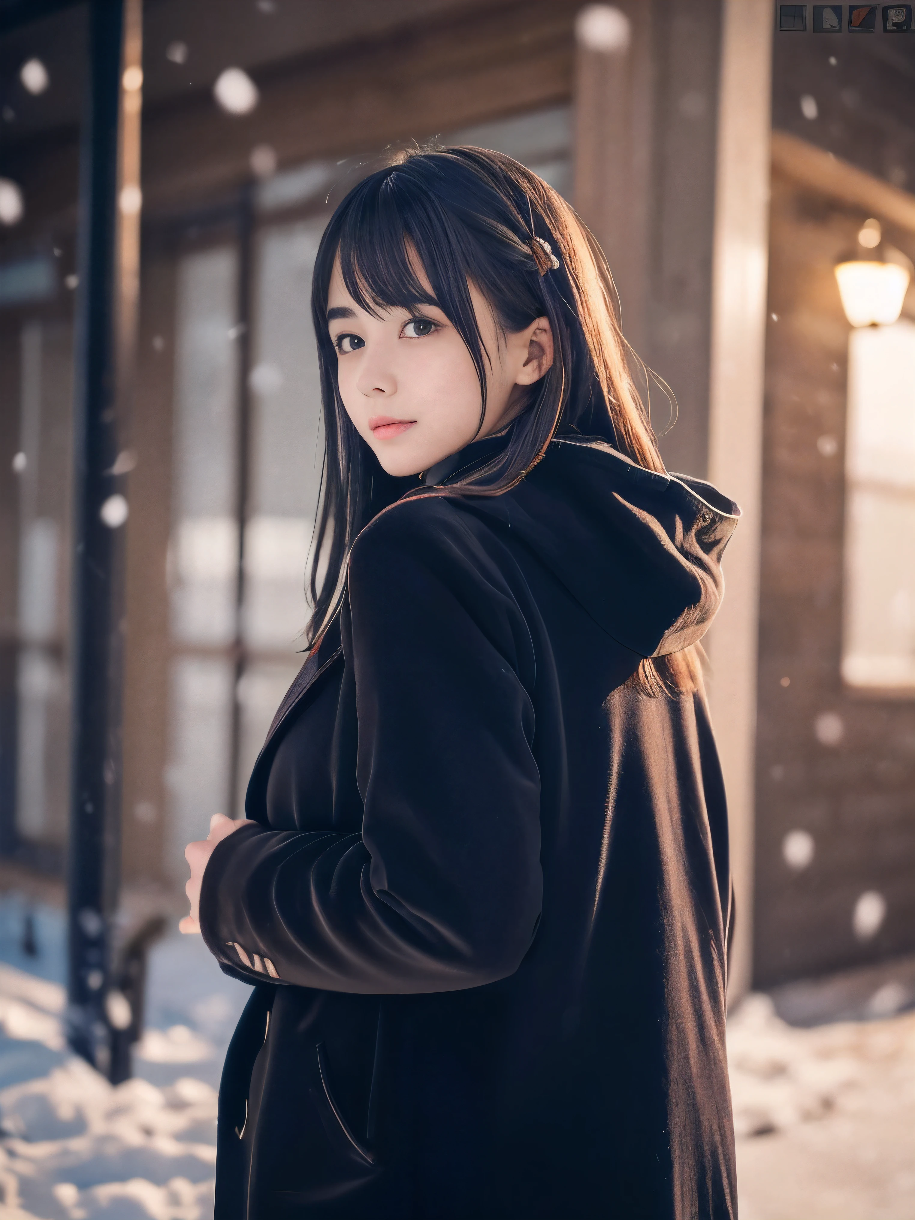 (Close-up face shot of one slender small breasts dark silver long hair with swept bangs girl in a winter long coat and  scarf:1.5)、(One girl is looking back with crying face:1.5)、(Very beautiful Christmas illumination night:1.5)、(Heavy snowing night:1.5)、(blurred background:1.5)、(Natural light:1.5)、(8k ultra detailed master piece:1.5)、(perfect anatomy:1.5)、(Photorealistic stick:1.5)、(Raw photo:1.3)、(highest quality:1.5)、(High resolution:1.3)、(Delicate and beautiful perfect face:1.3)、(Delicate and beautiful eye air skin:1.3)、(Real Human Skin:1.3)、((thin legs))