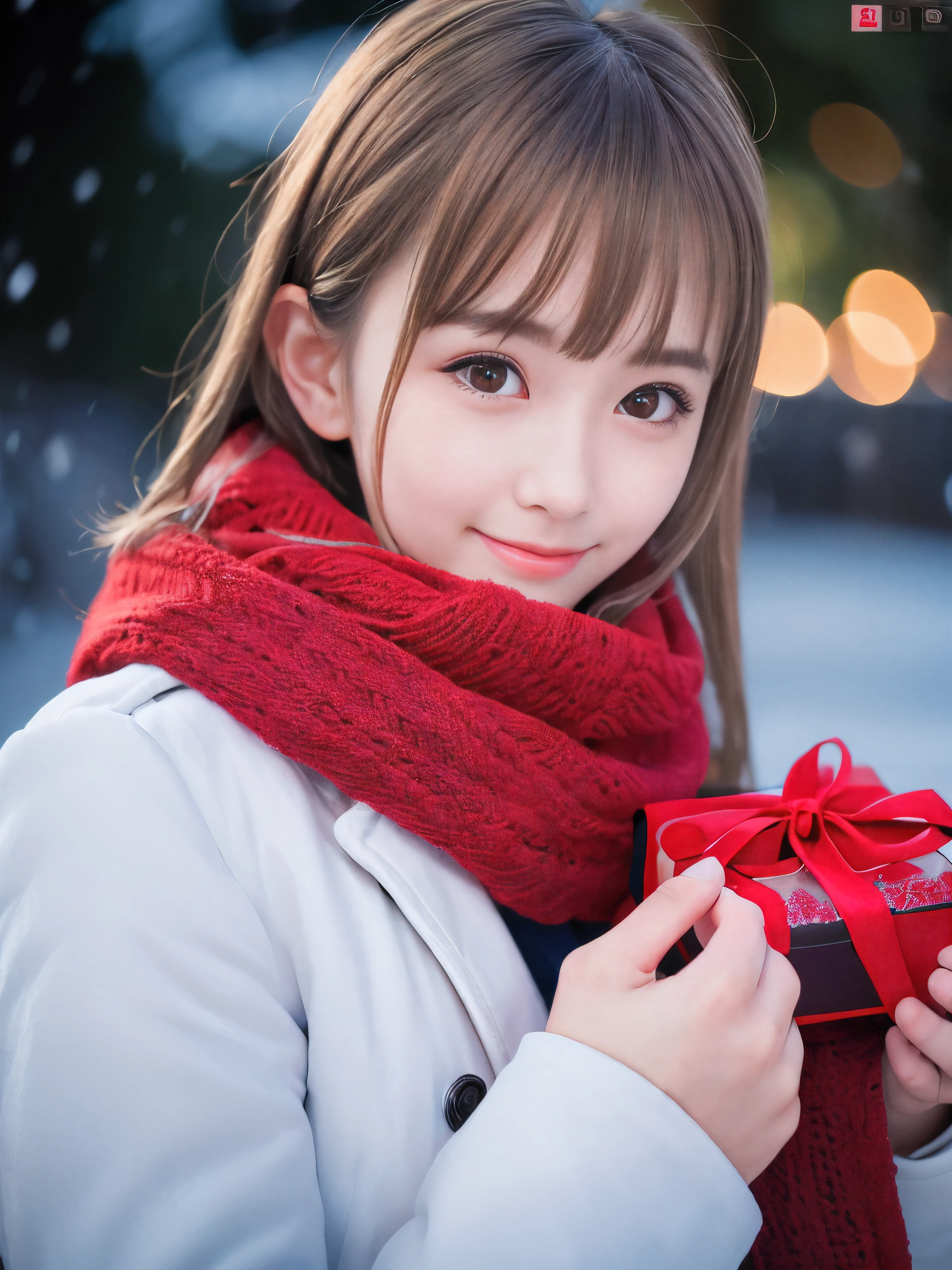 (Close-up face shot of one slender small breasts half up blonde long hair with bangs girl in a winter white long coat and red scarf:1.5)、(One blonde hair girl is holding a big gift box in arms with happy smile:1.5)、(Beautiful Christmas illumination night:1.5)、(Heavy snowing night:1.5)、(blurred background:1.5)、(Natural light:1.5)、(8k ultra detailed master piece:1.5)、(perfect anatomy:1.5)、(Photorealistic stick:1.5)、(Raw photo:1.3)、(highest quality:1.5)、(High resolution:1.3)、(Delicate and beautiful perfect face:1.3)、(Delicate and beautiful eye air skin:1.3)、(Real Human Skin:1.3)、((thin legs))