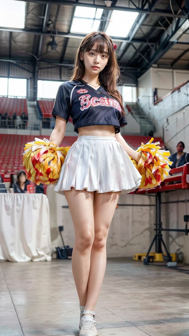 (8k,Ultra-high resolution,Highest quality,masterpiece,Realistic,Ultra-high resolution,High-quality RAW color photos,Professional photos,Realistic,Realistic),Natural skin texture,Fine skin,Hyperrealism,Intricate details,Adult women,Eye highlights.Lip gloss,Glossy Lips,(Cute smile,Semi-long hair,Dark blonde hair,bangs),((gigantic breast,Big Breasts)),(Cheerleader,cheer leading,mini skirt,face focus),Arena,dynamic dance,((Panty shot,full body dynamic pose,support))