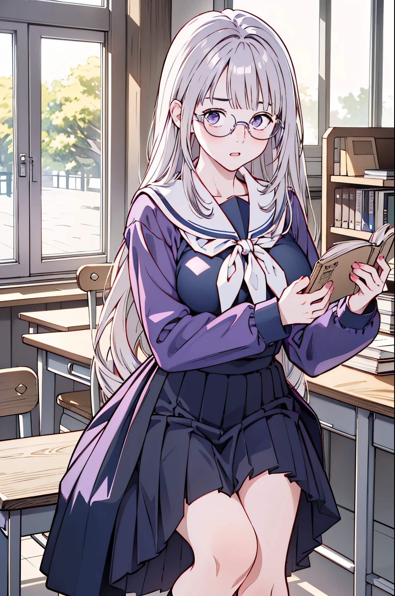 (8k、top-quality、​masterpiece:1.2)、(Realistic、Ultra-detailed、 super A high resolution 、beautiful詳細な顔, perfect body for a lawn,( 1 girl ,Long silver hair),( school uniform, sailor suit ,Purple Shirt,navy skirt,White Thailand), Contrapost, clevis,in classroom, Portrait、 Libraries 、 reading a book、(( wear black glasses to capture  )),beautiful、 embarrassed 、 Big Breasts 、reading、