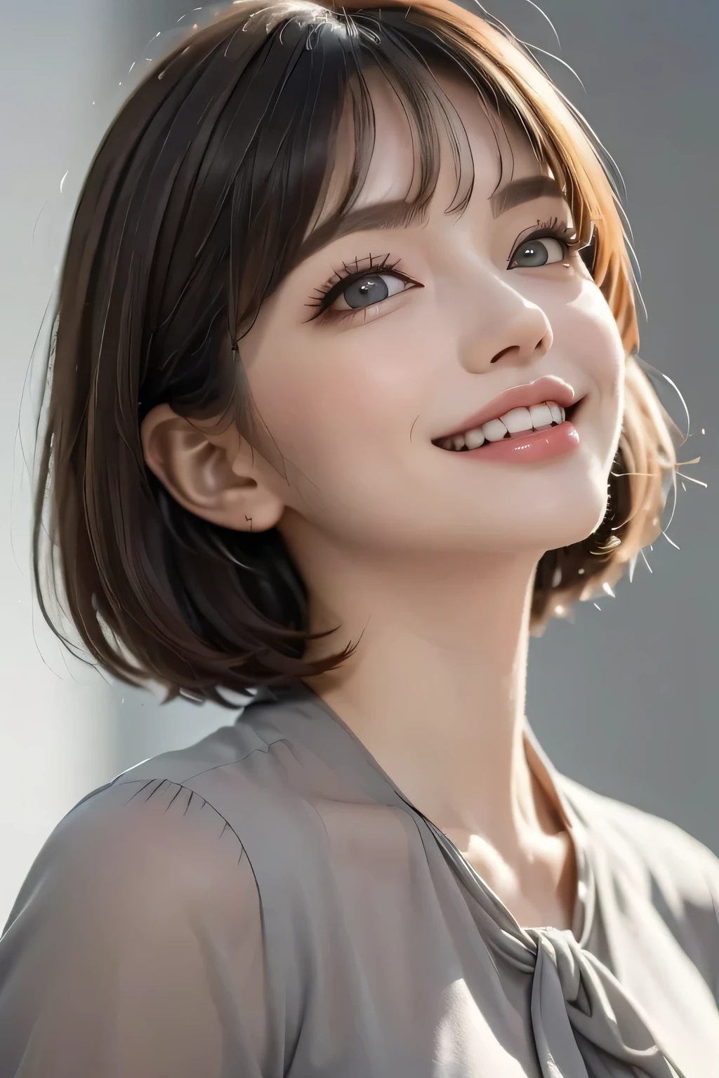 ((masterpiece)), ((  best quality)), ((8k)), ((  surreal)), ((Realistic)), (Mature), ((There are no classes)),   very detailed, (1 female), Beautiful and exquisite, (Beautiful Teeth), Green,   brunette pixie cut,   Brown Eyes  , ((blouse)), (  upper body), ((background: A Single Color of Gray with Nothing  )),  perfect eyes, Stunning Eyes   ,   Staring at the Audience 