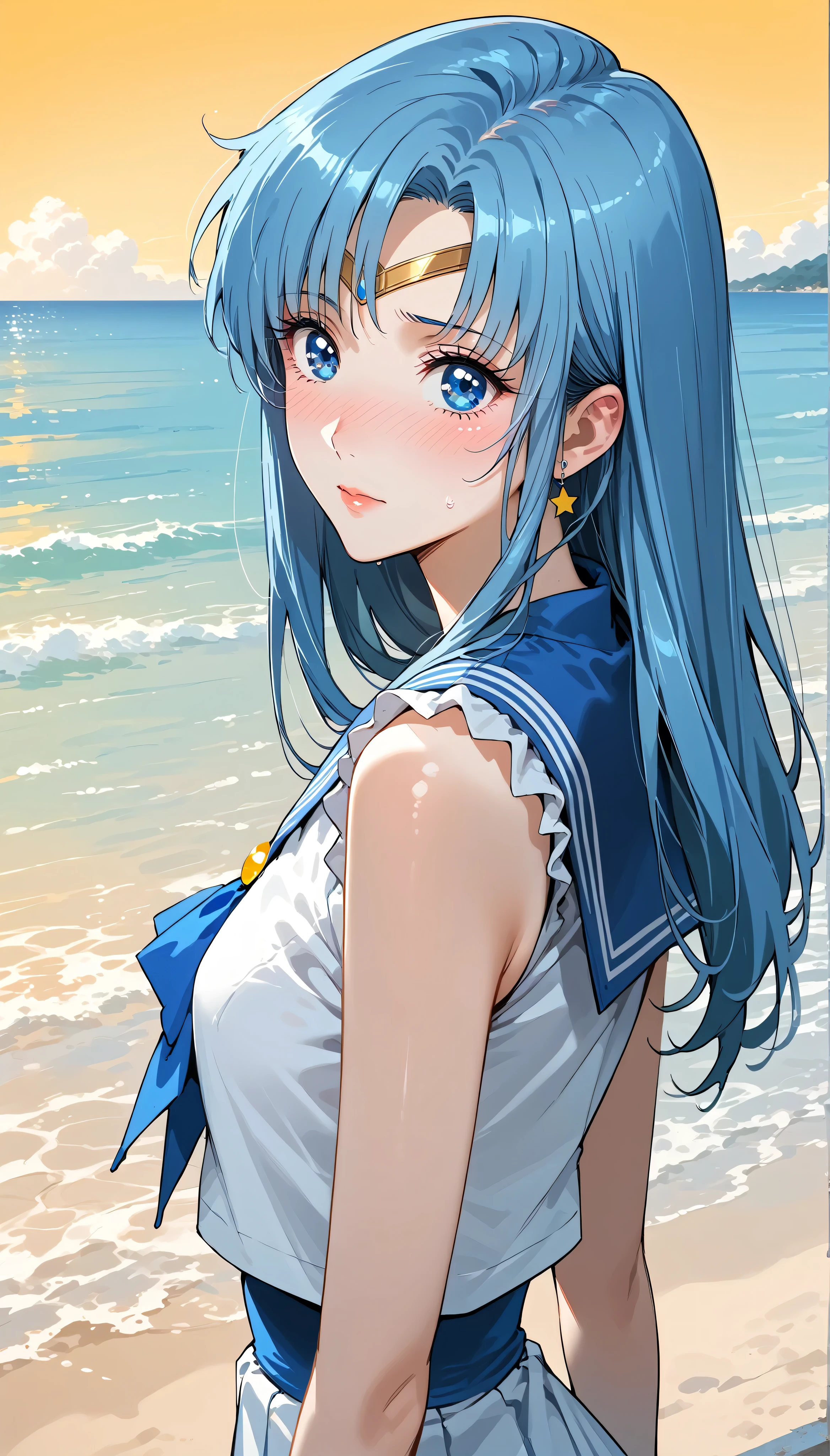 (highest quality:1.2, Very detailed, Latest, Vibrant, Super Detail, Ultra-high resolution, High Contrast, masterpiece:1.2, highest quality, Best aesthetics, there is:0.9), alone, (1 female), sailor mercury, blue hair, (blue eyes:1.3), minimal, 1girl, solo, blue eyes, nose blush, shy, looking at viewer, tight round butt, cute overload, small breasts, slim figure, contrapposto, (beautiful sandy shore), (ocean in background), (beautiful yellow sky),
