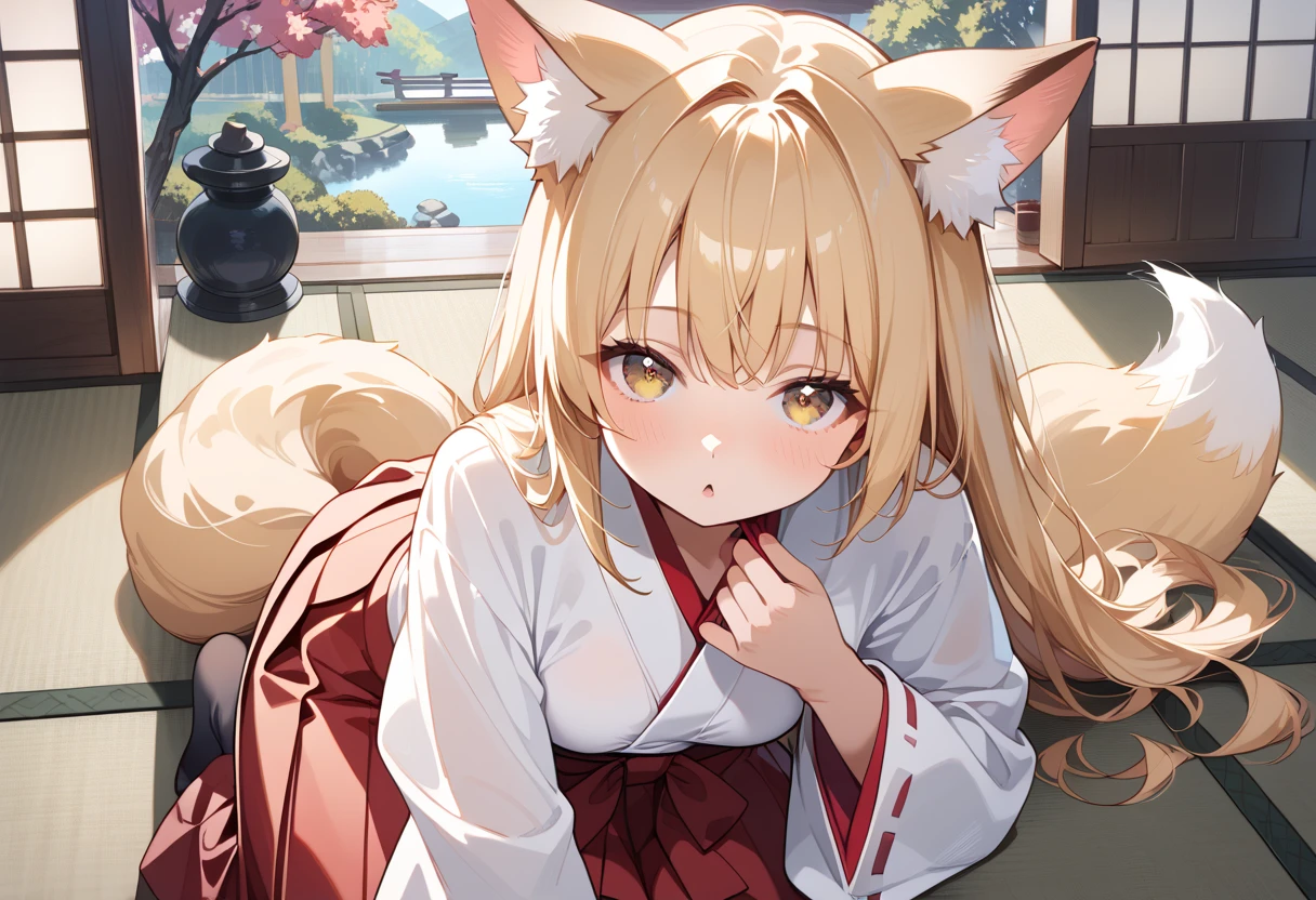 (best quality, highres, ultra-detailed:1.2), cute fluffy loli, long shirt, tail raised, white and yellow body, orange eyes, B-cup breasts, collar, white fur, fluffy fur, animal ears, animal tail, night, bottomless, forest, adorable face, grabbing breasts self