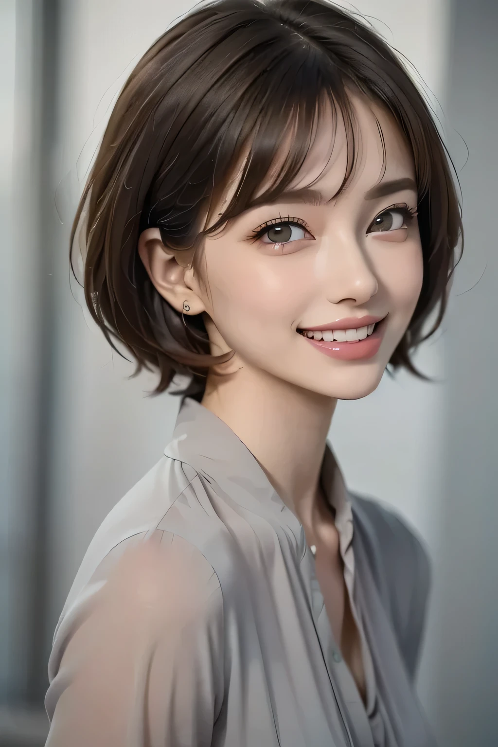 ((masterpiece)), ((  best quality)), ((8k)), ((  surreal)), ((Realistic)), (Mature), ((There are no classes)),   very detailed, (1 female), Beautiful and exquisite, (Beautiful Teeth), Green,   brunette pixie cut,   Brown Eyes  , ((blouse)), (  upper body), ((background: A Single Color of Gray with Nothing  )),  perfect eyes, Stunning Eyes   ,   Staring at the Audience 