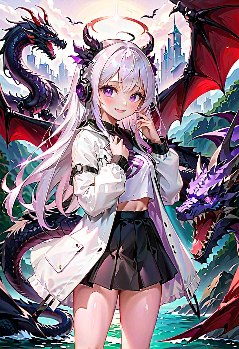  best quality、1 female、 Black Dragon Horn、Black Dragon Tail 、 Black Dragon Wings 、Purple Eyes、White Hair、Long Hair、Standing、White jacket、 black skirt、 headphones 、 smile、