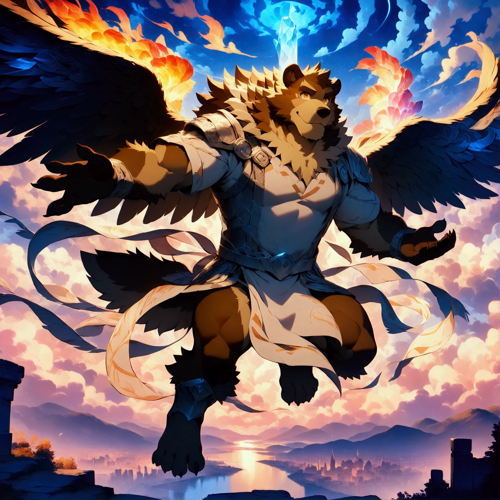 character focus, full body, looking away, dynamic angle, SFW, angel, a muscular middle-aged polar bear man, angel wings, happy, light smile, costume clothes, armor, jacket, shirt, loincloth, rushing wind, hold with both hands casting thunder magic, flying, spinning fly, dynamic pose, BREAK complete anatomy, perfect proportions, beautiful thigh gap, fluffy body, intricate fur details, beautiful fur texture, BREAK a detailed bear one tail, detailed toe, 5toes, 5toes nails, beautiful foot, detailed hands, 5fingers, 5fingers nails, BREAK cute face, aesthetic anime face, insanity detailed face, male face, big face, square jawline, aesthetic anime eyes, detailed brown eyes, detailed brown cornea, detailed dark brown irises, detailed pupils, male eyes, big eyes, male eyebrows, innocent look, beautiful beard, BREAK full body in Michelangelo Buonarroti style, digital illustration anime, housamo style, detailed painting landscape, twilight, kaleidoscopic swirls, A giant crystal castle floating in the air, outdoor, full body, HDR, BREAK masterpiece, official art, best quality, very aesthetic, absurdres, super fine illustration, great quality, BREAK noise reduction, very highres, large filesize, high quality, 32K, 8k wallpaper, dynamic lighting, BREAK insanity detailed, ultra detailed, intricate details, extremely detailed, detailed texture, an extremely delicate and beautiful, BREAK osukemo, e621 illustration, kemohomo, anthropomorphic, furry, cartoon, harmonious body, pastoral face, virtuous eyes, epic atmosphere