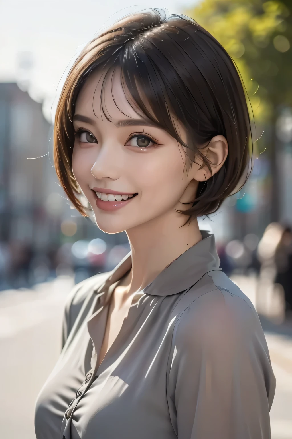 ((masterpiece)), ((  best quality)), ((8k)), ((  surreal)), ((Realistic)), (Mature), ((There are no classes)),   very detailed, (1 female), Beautiful and exquisite, (Beautiful Teeth), Green,   brunette pixie cut,   Brown Eyes  , ((blouse)), (  upper body), ((background: A Single Color of Gray with Nothing  )),  perfect eyes, Stunning Eyes   ,   Staring at the Audience 