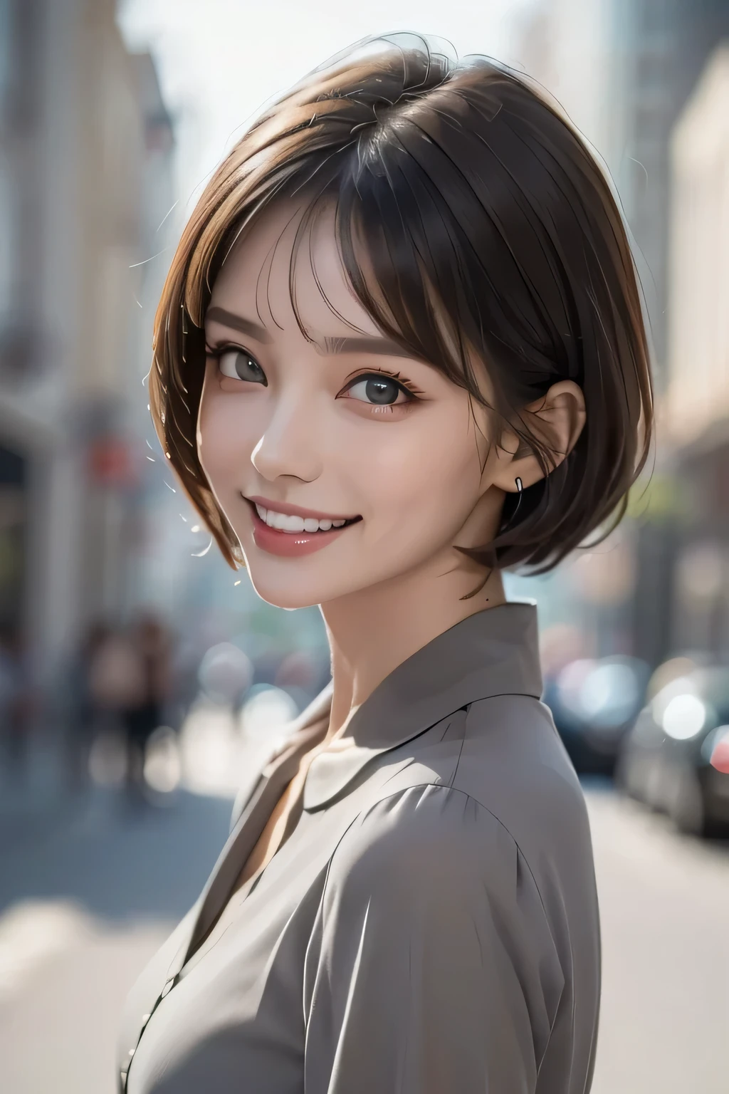 ((masterpiece)), ((  best quality)), ((8k)), ((  surreal)), ((Realistic)), (Mature), ((There are no classes)),   very detailed, (1 female), Beautiful and exquisite, (Beautiful Teeth), Green,   brunette pixie cut,   Brown Eyes  , ((blouse)), (  upper body), ((background: A Single Color of Gray with Nothing  )),  perfect eyes, Stunning Eyes   ,   Staring at the Audience 