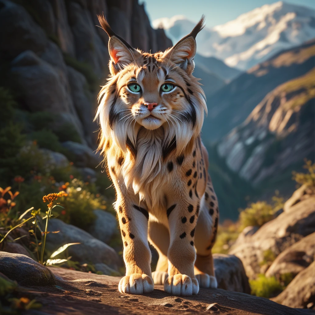 score_9, score_8_up, score_7_up, Alone, Full body, Front view, Lynx, female, Furry with mane, stands, friendly tender face human-like, clear detailed eyes, very long tail, smiles, detailed face, queen clothing, looks at the viewer, nature, Very detailedes Fell, in the high mountains, highest quality, Very detailed, Very detaileder background