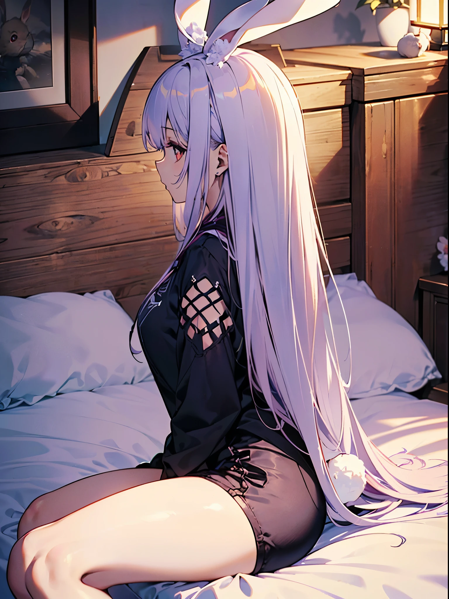 ((Best quality)), ((masterpiece)), (detailed), 1 girl, short off-shoulder sweater, attractive girl, slender legs, Violet eyes, albino, night time, white-haired, full length, Sex, hentai, streamit shooter, table, 2 monitors, gaming computer, Bed, moon in the window