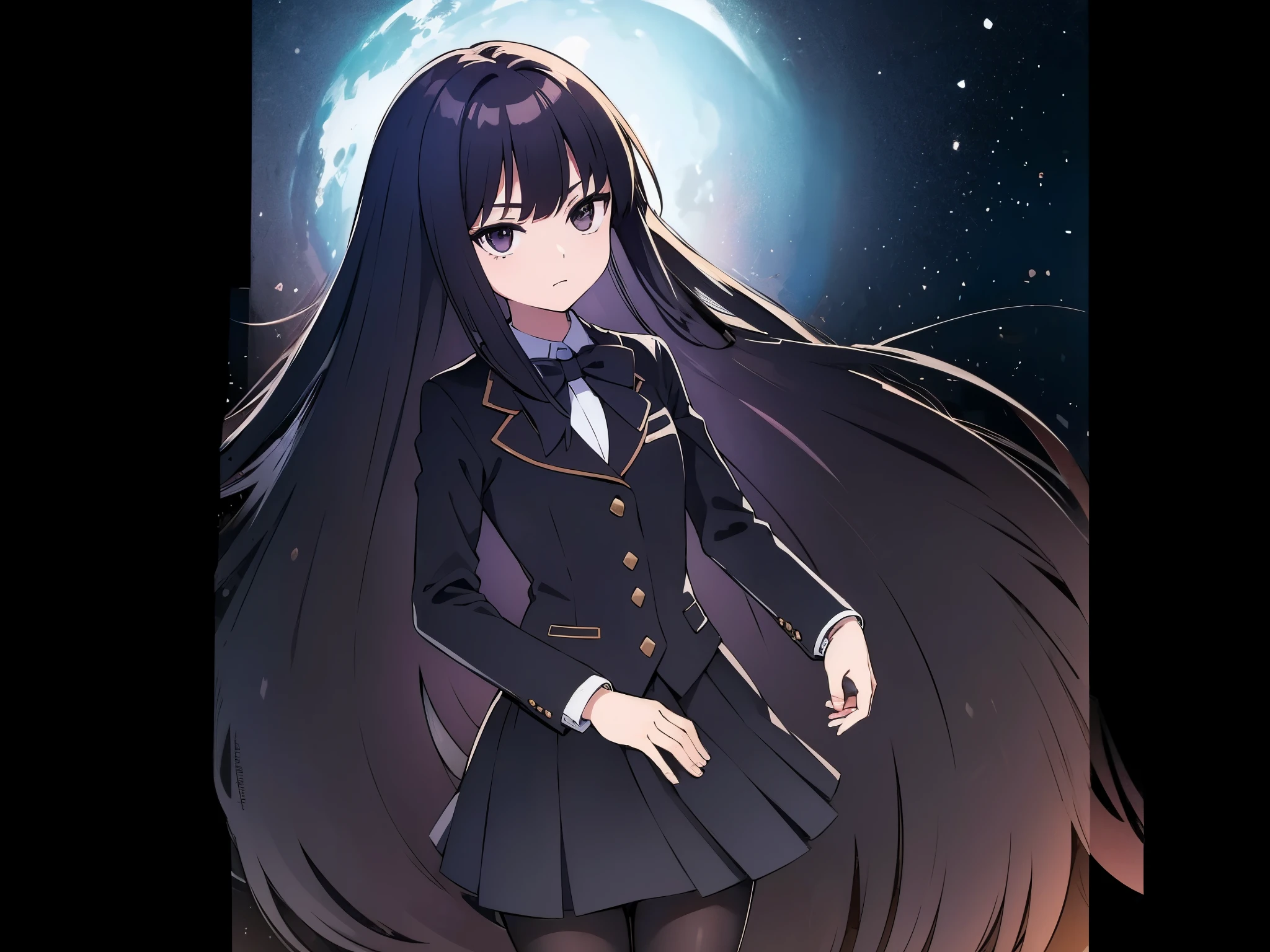 back ground Starry night sky, in space, zero gravity, from side, lying down on star, anime style, 1femail, ultra high res, Best quality, ultra detailed, wearing a black blazer, school uniform, straight long hair, thin legs, pantyhose (black), dark brown bowtie, black skirt, break ideal ratio body proportions, clear detailed face, high nose(1:2), large mouth, break black eyes, break a strong female character with broad shoulders, straight long hair, 8k, masterpiece, dark eyelashes, close eyes1:2,