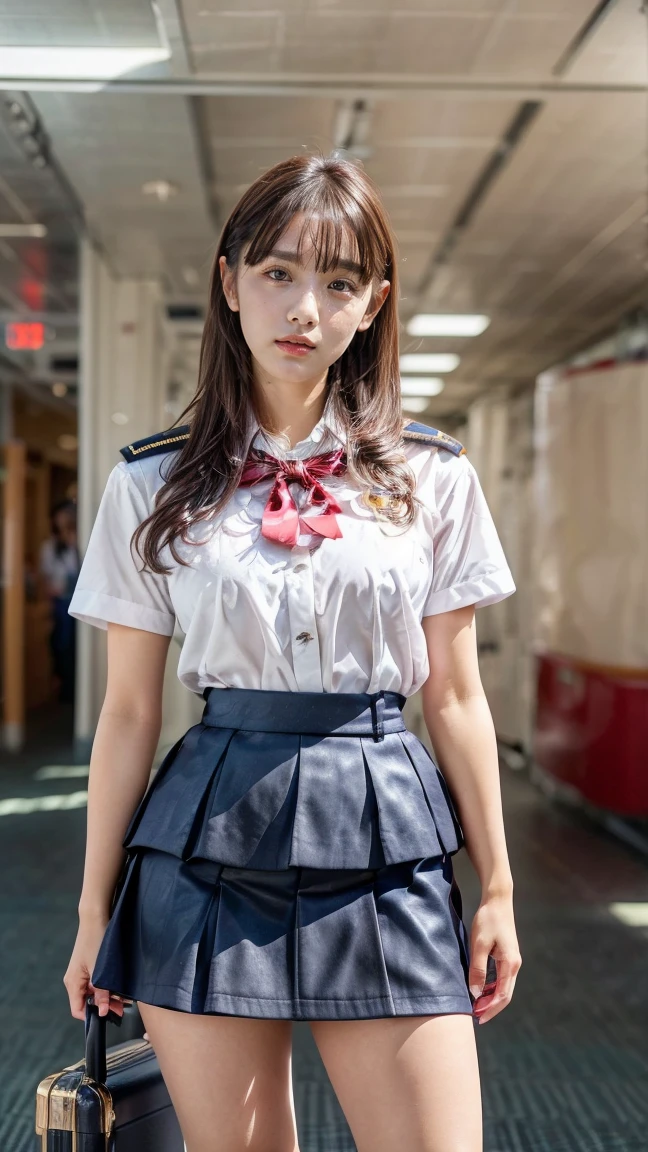 ((Best of the highest quality, 8k, Masterpiece, raw photo: 1.2)), (Sharp focus: 1.2), (1 AESPA, slim body type female, 21 y/o: 1.1), (solo: 1.28), (realistic, photo-realistic:1.37), cute face, finely eyes, (droopy eyes: 1.32), (Emphasize prominent aegyo-sal with bright: 1.2), shimmering eyeshadow applied under the lower lash line, paired with thick, (small breasts, flat chest, Thigh: 1.3), (short messy hair, bangs: 1.2), (airline uniform, ribbon, skirt: 1.32), walking airport terminal, (from below: 1.12),