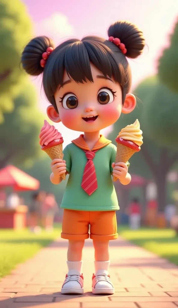 girl wearing Indonesian kindergarten uniform, green-orange uniform, red-white tie, left hand holding 2 scoops strawberry vanilla coned ice cream, right hand holding balloons, as she wants to ice cream and students wearing glasses happily sitting around the park. pink sky and blue trees, food stalls in background, vibrant yet pastel, wide shot, pixar, 3d animations