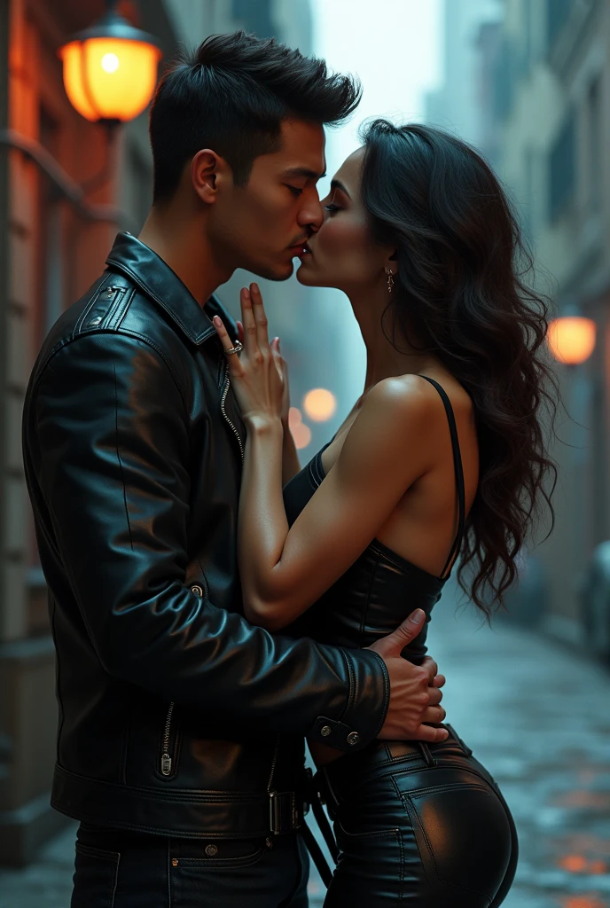 Woman with makeup wearing black leather bike jacket. She is licking me and in love. She watches me with passion