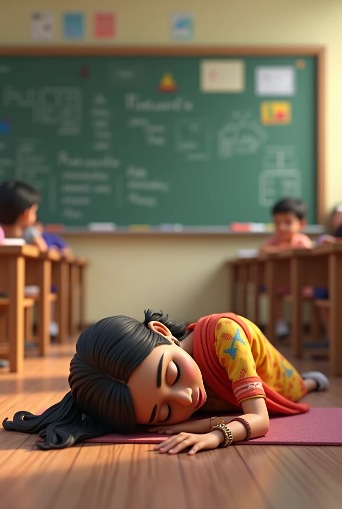 Teacher is sleeping and students are taking too each other and in Indian theme