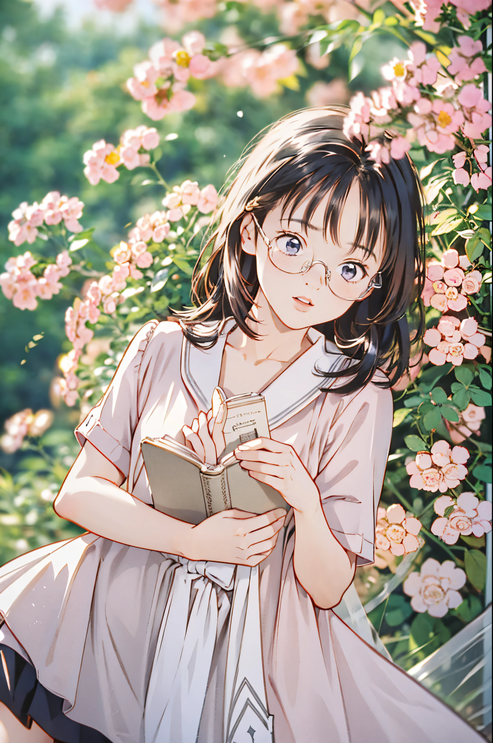 (8k、top-quality、masterpiece:1.2)、(Realistic、Ultra-detailed、 super A high resolution 、 beautiful detailed face , perfect body for a lawn,( 1 girl , Silver Hair),( school uniform, sailor suit ,Purple Shirt,navy skirt,White Thailand), Contrapost, clevis,in classroom, Portrait、 reading a book、(( wear black glasses to capture )),Flower Field、evening、squirt、
