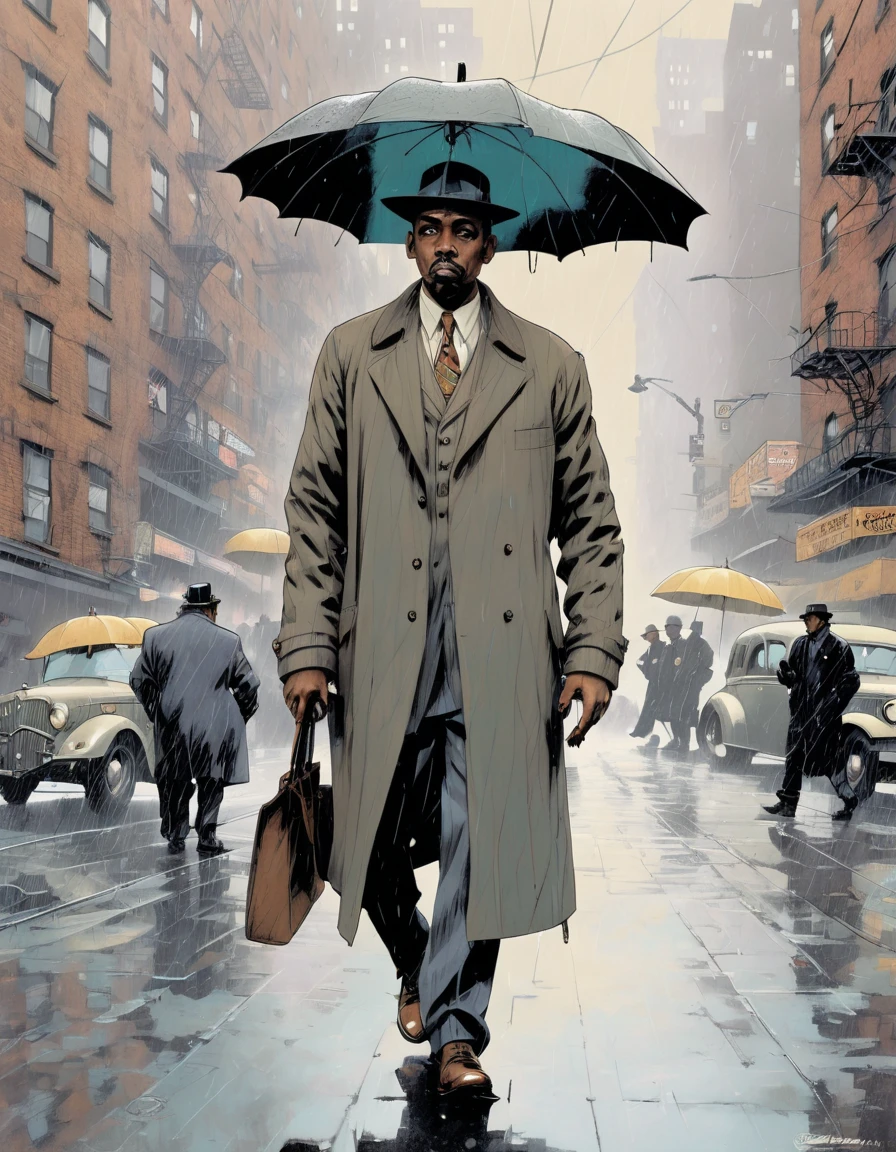 "Once Upon a Time in America" themed illustration, New York Ghetto, Gangster with an umbrella walking under the rain, holding an umbrella. Underground comix, Art of Dave Sim, Inspired by Dave Sim, Cerebus style. by Enki Bilal, hatching, Hatching Techniques. 1933 setting