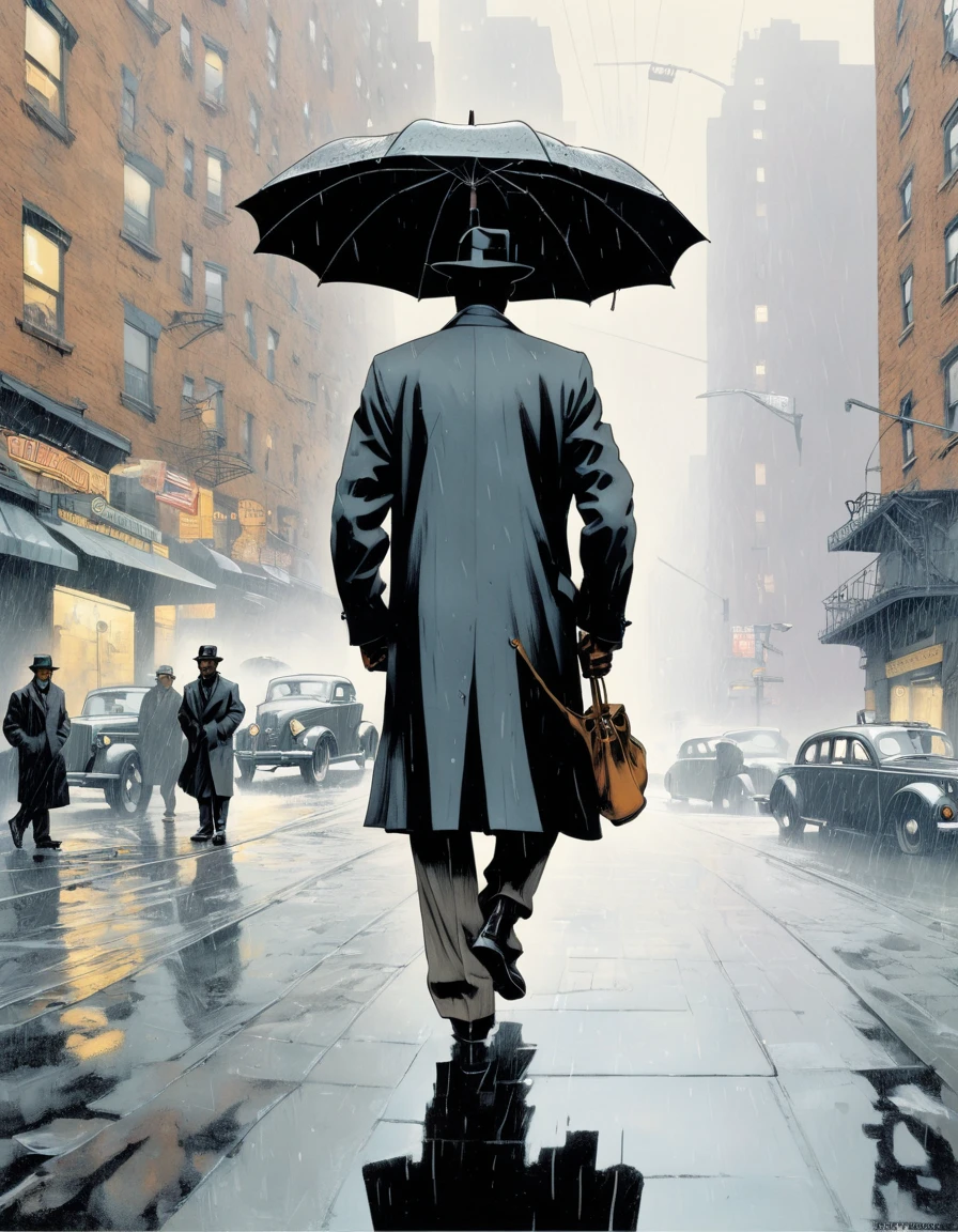 "Once Upon a Time in America" themed illustration, New York Ghetto, Gangster with an umbrella walking under the rain, holding an umbrella. Underground comix, Art of Dave Sim, Inspired by Dave Sim, Cerebus style. by Enki Bilal, hatching, Hatching Techniques. 1933 setting