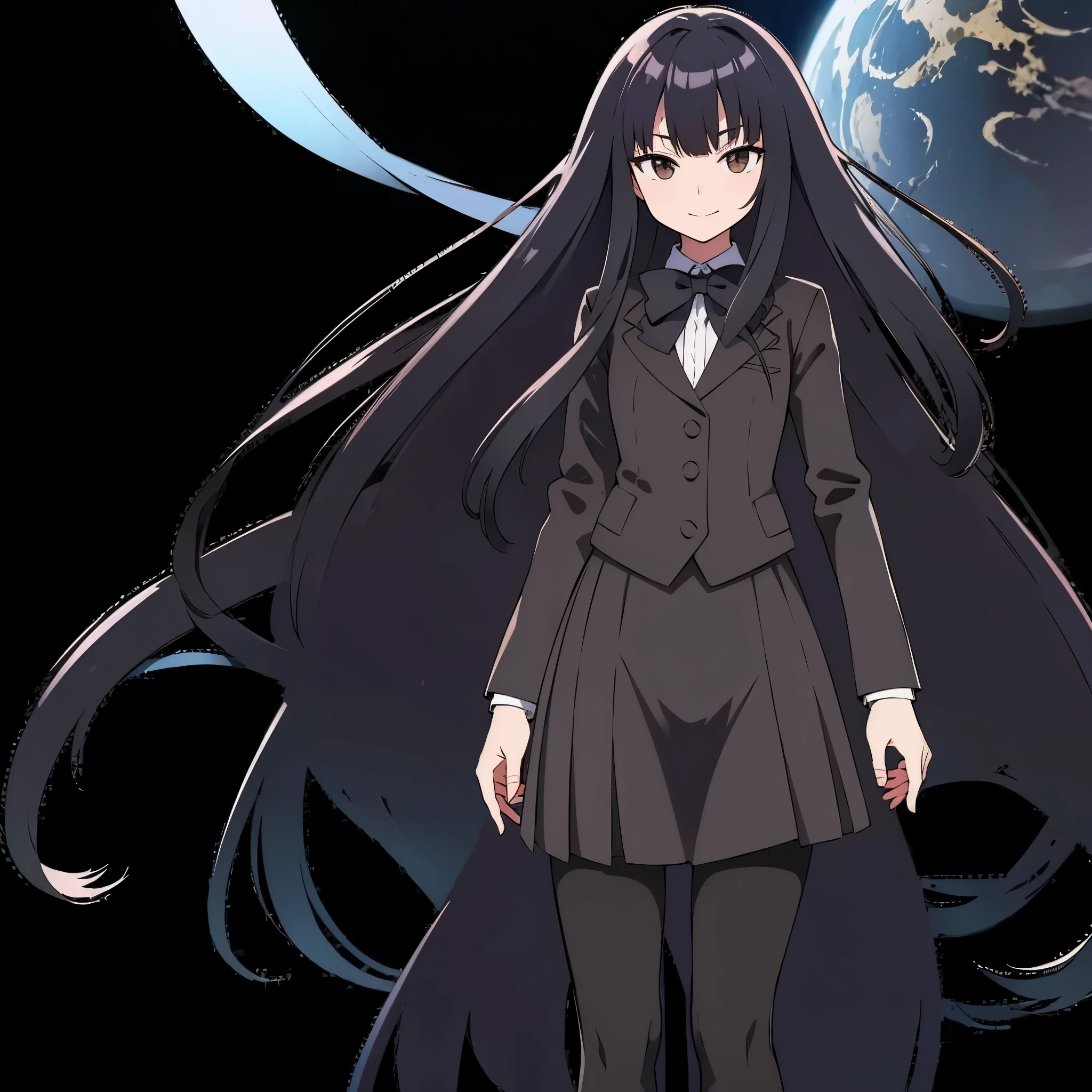 back ground Starry night sky, in space, zero gravity, from side, evil smile1:2 anime style, 1femail, ultra high res, Best quality, ultra detailed, wearing a black blazer, school uniform, straight long hair, thin legs, pantyhose (black), brown bowtie, black skirt, break ideal ratio body proportions, clear detailed face, high nose(1:2), large mouth, break close eyes, break a strong female character with broad shoulders, straight long hair, 8k, masterpiece, dark eyelashes, 