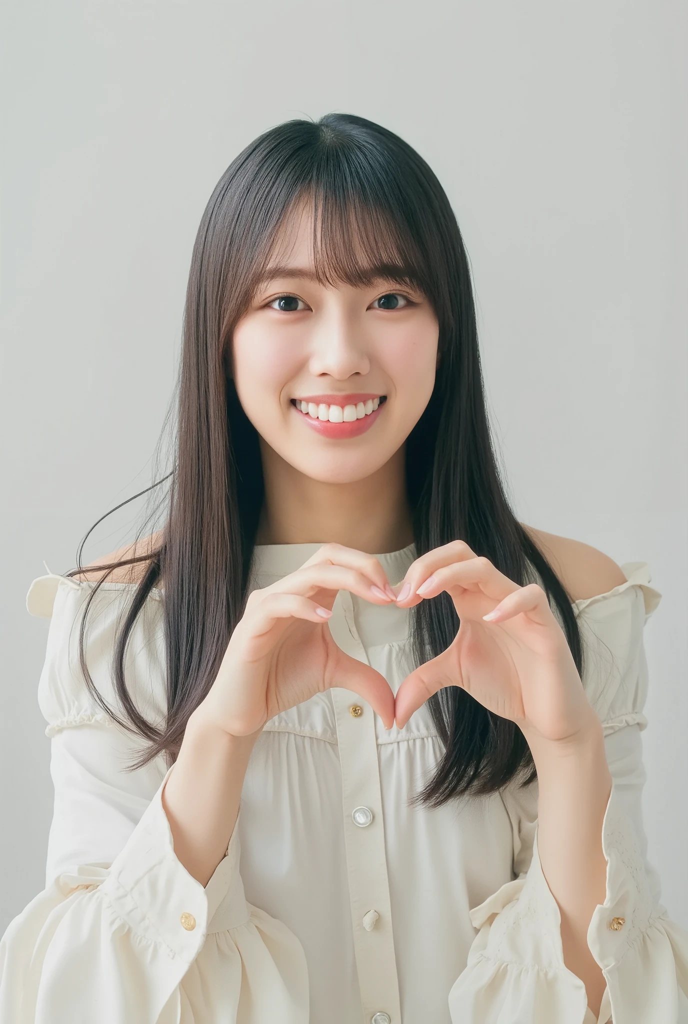A smiling woman is posing alone wearing off-the-shoulder pajamas, making a firm big heart shape with both hands, and holding them in front of her chest, View above collarbone、The background is a monotone 、