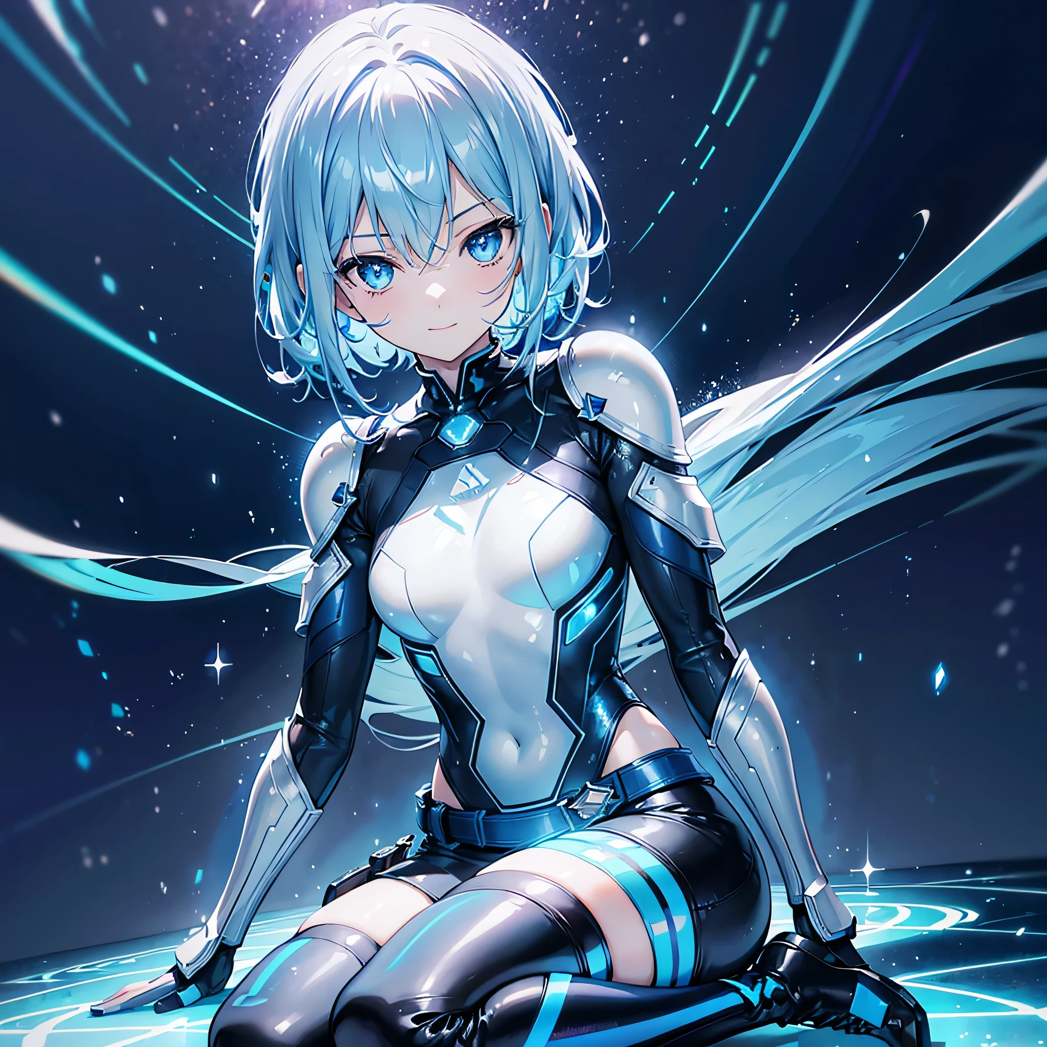 8K, Highest quality, (real:1.4), Original photo, 1 girl, Asari Hair, Biological Amplifier, Very sleek and futuristic armor, posture: Peace talks between warring factions,,attention arousal, smart blue eyes,A modest smile,Knee-high boots,Patent-look blue tights,Blue big moon and blue light swirl in the background,Blue light from behind,blue light magic,A small, glowing blue ball in the palm of your hand,Blue flame swirl,Blue Comet,Polished floor,