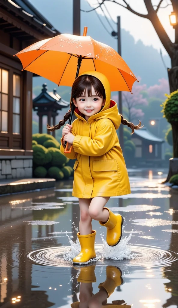 quality\(8k, very detailed CG unit wallpaper , masterpiece, high definition ,top-quality,top-quality real texture skin, Surreal, increase resolution , RAW photo,highest quality, very detailed, wallpaper\),break、A tribute to My Neighbor Totoro、 one girl who is at ease、 It's raining、  innocent and cute face 、smile、 brown hair、 braids 、Rainy Day、yellow raincoat、Put on the hood of your raincoat、Yellow Boots、 wet girl playing with umbrella 、Excited、 sparking puddle water with boots、break、 very detailed umbrella、Physically correct umbrella 、Straight rod with U-shaped handle、umbrella、break、Old Shrine、Large camphor tree、Old Japanese bus stop、 puddle、Splish  splash,  splash,  splash,  splash、