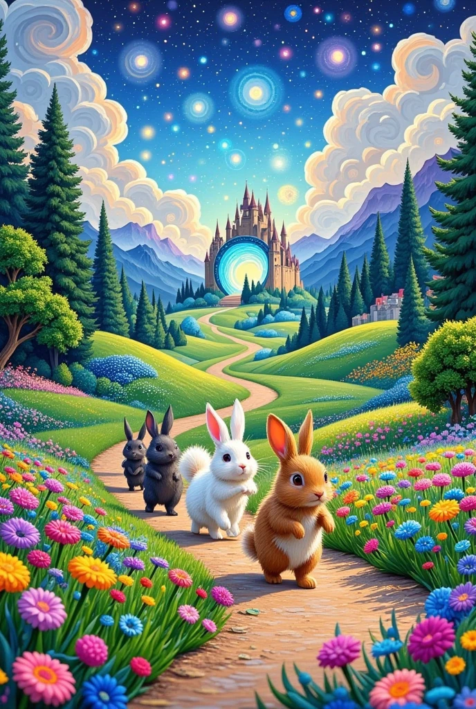 A picture of a few rabbits walking down the path, Forest with rabbits, Fairy tale painting, Wonderful fantasy landscape art ,  lovely detailed digital art , Wonderland Portal, magic world.  colorful ,  Magical Village , Magical Landscape, Fairytale artwork, ,  Fairy tale illustration style , Fairy Tale Kingdom Forest ,  magical fantasy high detail, Cozy and charming scene,  cute picture book illustration