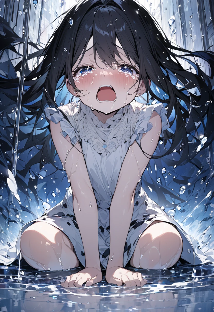 独奏,{{{masterpiece}}}, {{{best quality}}}, {{ultra-detailed}}, {illustration}, {{an extremely delicate and beautiful}},,10 years old,black hair,Are crying,Wet and slimy, Shiny wet skin!!, Enchanting anime girl,steam,blush,Raise eyebrows,blunt bangs,Surprised expression,pussy,upskirt,In the middle of taking off her school swimsuit