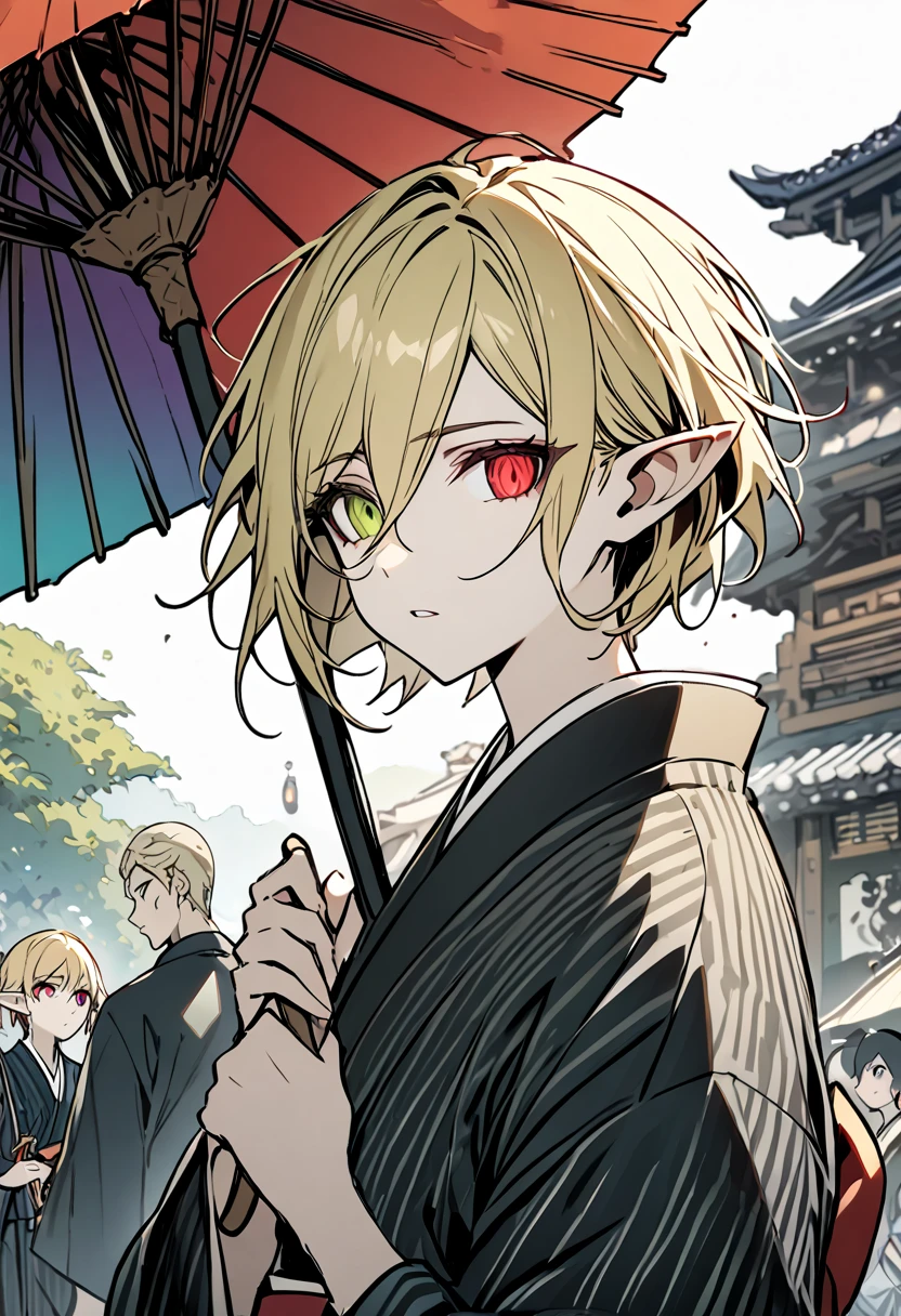 One boy, masterpiece,  best quality, Beautiful Boy, Women,  No Emotion, Vertical pupils,  rainbow heterochromia,  red eyes, Pointy ears,  blonde hair,  layer cut, Short Hair, kimono, Holding an Umbrella ,  Dark Fantasy