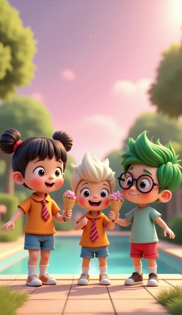 girl wearing Indonesian  uniform, green-orange uniform, red-white tie, left hand holding 2 scoops strawberry vanilla coned ice cream, right hand holding cheetos pack, as she wants to ice cream and students wearing glasses happily sitting around the park. pink sky and blue trees, food stalls in background, vibrant yet pastel, wide shot, pixar, 3d animations