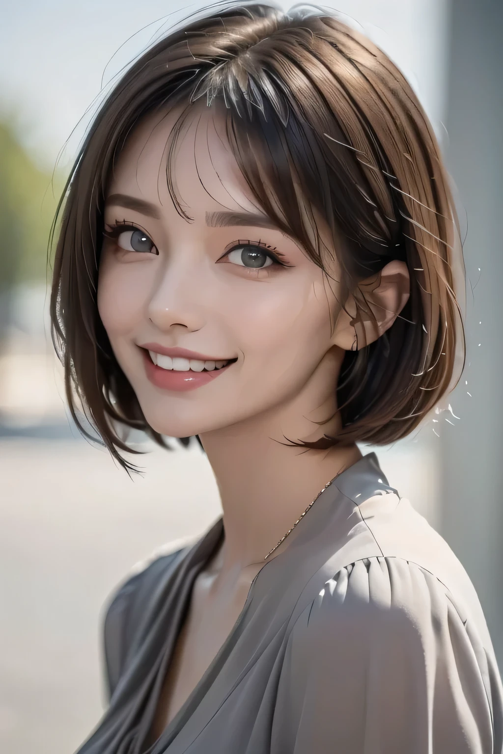 ((masterpiece)), ((  best quality)), ((8k)), ((  surreal)), ((Realistic)), (Mature), ((There are no classes)),   very detailed, (1 female), Beautiful and exquisite, (Beautiful Teeth), Green,   brunette pixie cut,   Brown Eyes  , ((blouse)), (  upper body), ((background: A Single Color of Gray with Nothing  )),  perfect eyes, Stunning Eyes   ,   Staring at the Audience 