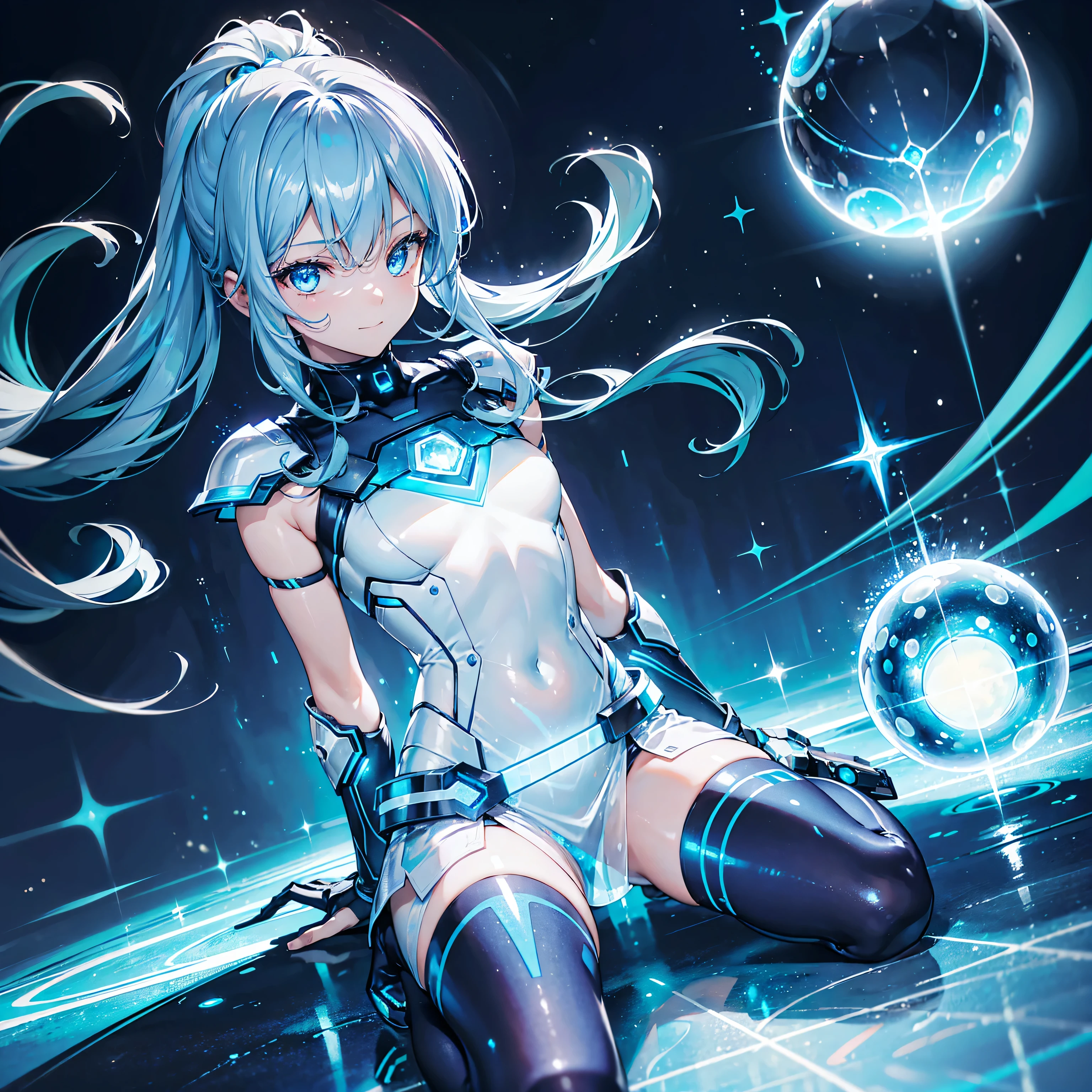 8K, Highest quality, (real:1.4), Original photo, 1 girl, Asari Hair, Biological Amplifier, Very sleek and futuristic armor, posture: Peace talks between warring factions,,attention arousal, smart blue eyes,A modest smile,Knee-high boots,Patent-look blue tights,Blue big moon and blue light swirl in the background,Blue light from behind,blue light magic,A small, glowing blue ball in the palm of your hand,Blue flame swirl,Blue Comet,Polished floor,