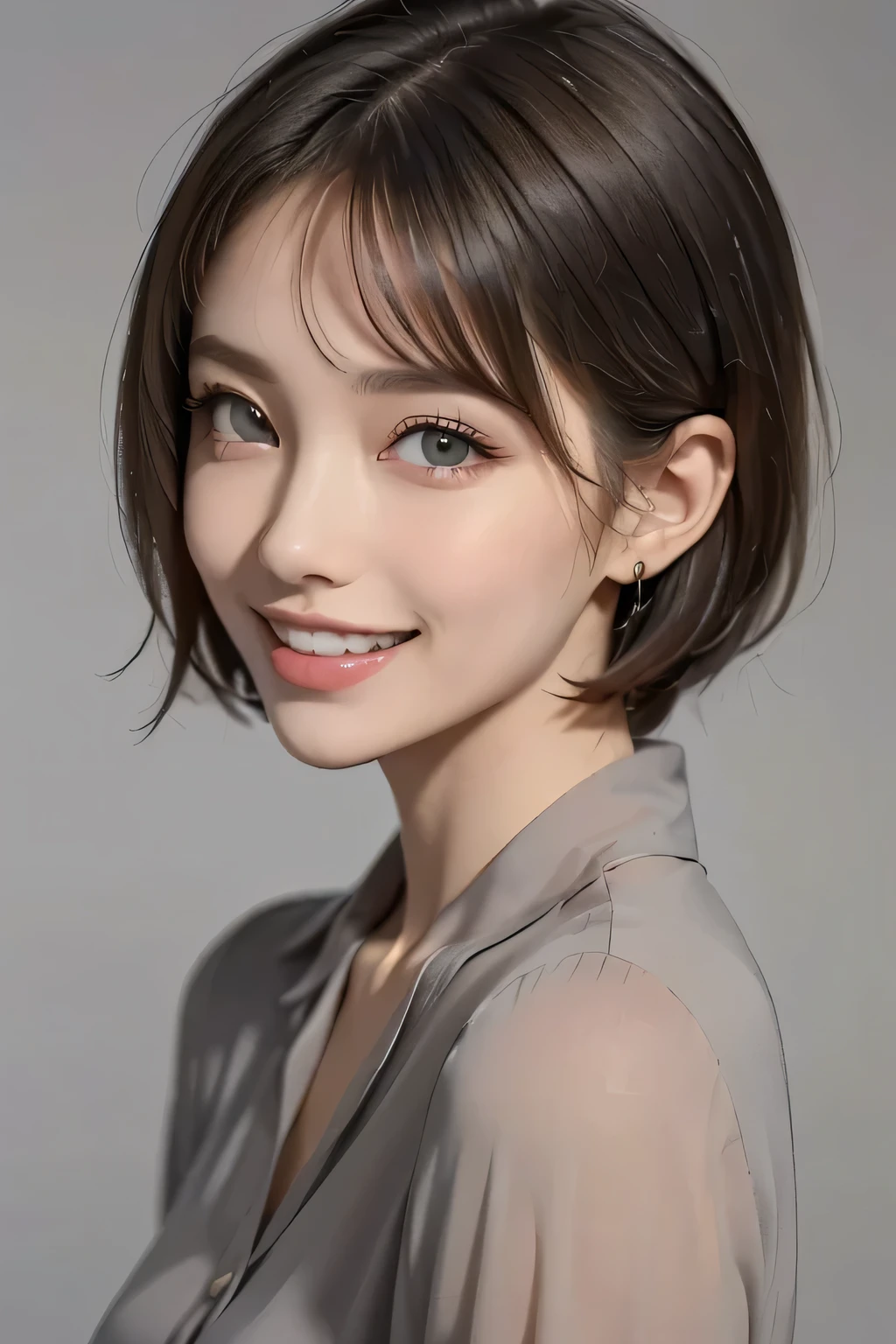 ((masterpiece)), ((  best quality)), ((8k)), ((  surreal)), ((Realistic)), (Mature), ((There are no classes)),   very detailed, (1 female), Beautiful and exquisite, (Beautiful Teeth), Green,   brunette pixie cut,   Brown Eyes  , ((blouse)), (  upper body), ((background: A Single Color of Gray with Nothing  )),  perfect eyes, Stunning Eyes   ,   Staring at the Audience 