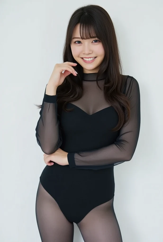 8k, RAW Photo, Best Quality, Masterpiece:1.2),(Realistic, photo-realistic:1.37), Super Detail, She is wearing tight thin fitting transparent black long sleeve turtleneck , no pants, no skirts, transparent black pantyhose, cinematic lighting, sexy pose, monotone background, facing front, smiling, portrait, dressed up to the belly button, dressed up to the neck
