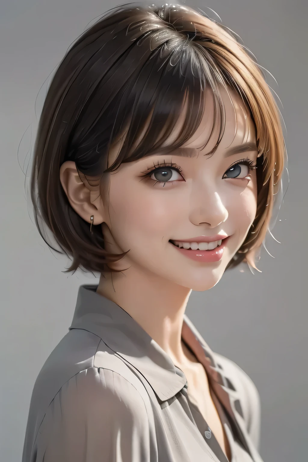 ((masterpiece)), ((  best quality)), ((8k)), ((  surreal)), ((Realistic)), (Mature), ((There are no classes)),   very detailed, (1 female), Beautiful and exquisite, (Beautiful Teeth), Green,   brunette pixie cut,   Brown Eyes  , ((blouse)), (  upper body), ((background: A Single Color of Gray with Nothing  )),  perfect eyes, Stunning Eyes   ,   Staring at the Audience 