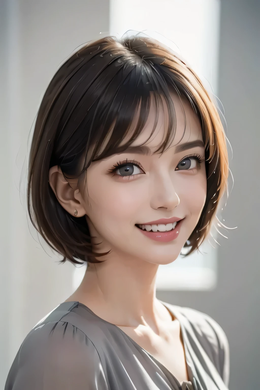 ((masterpiece)), ((  best quality)), ((8k)), ((  surreal)), ((Realistic)), (Mature), ((There are no classes)),   very detailed, (1 female), Beautiful and exquisite, (Beautiful Teeth), Green,   brunette pixie cut,   Brown Eyes  , ((blouse)), (  upper body), ((background: A Single Color of Gray with Nothing  )),  perfect eyes, Stunning Eyes   ,   Staring at the Audience 