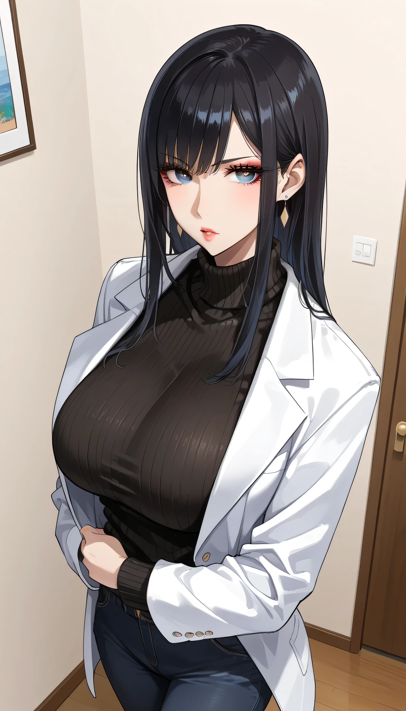  score_9,  score_8_up,  score_7_up,  source_Anime,masterpiece, best quality, BEAUTIFUL AND DETAILED EYES ,  beautiful detailed lips,  very detailed eyes and faces, long breasts, 1 female, Put on a white coat、sweater under a white coat,  black sweater 、Black Skinny、 long pants  , Big saggy breasts, shockingly  Big Breasts ,  Big Breasts , room,  No Emotion 、 zitales,  taken from above、バストup、makeup、 no makeup、 black hair、 long hair、A little grumpy