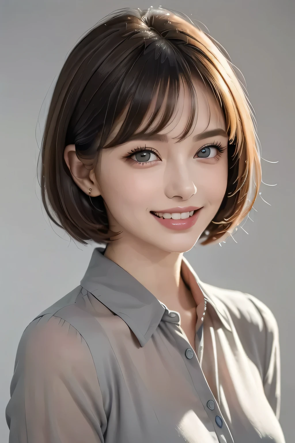 ((masterpiece)), ((  best quality)), ((8k)), ((  surreal)), ((Realistic)), (Mature), ((There are no classes)),   very detailed, (1 female), Beautiful and exquisite, (Beautiful Teeth), Green,   brunette pixie cut,   Brown Eyes  , ((blouse)), (  upper body), ((background: A Single Color of Gray with Nothing  )),  perfect eyes, Stunning Eyes   ,   Staring at the Audience 