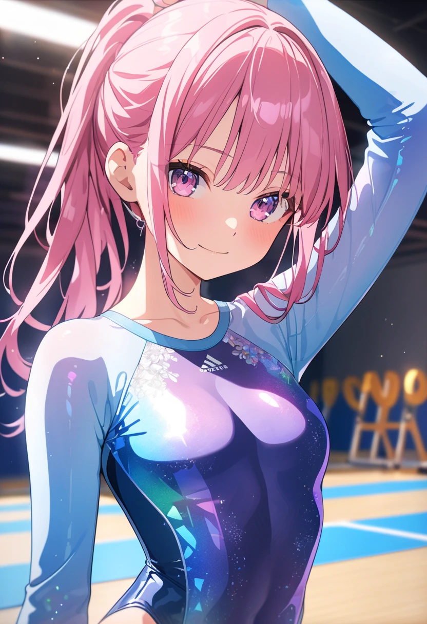 highquality illustration, masterpiece, very delicate and beautiful, attractive girl,(gymnastics leotard, Floral patterns leotard,long sleeve leotard with glittery decoration,high_leg leotard,athletic leotard,tight-fit leotard,iridescent gradient leotard,long-sleeve leotard),thin,slender body,slim,high school,gymnasium background,gymnastics club,gymnastics athlete,princess, beautiful eyes,light smile,(masterpiece, best quality:1.2), highres, extremely detailed CG unity 8k wallpaper, perfect lighting, Colourful, ultra-high res,4K,ultra-detailed, photography, 8K, HDR,  ages, full body,
