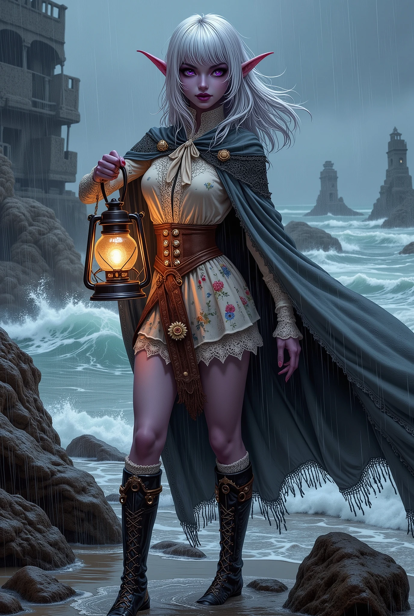 (Ultra-detailed face, Looking away, Fantasy Illustration with Gothic, Dark tone colors, Looking up from the ground.), BREAK 
(A female dark elf historian, her hair, face, and clothes all wet and with her back to the sea, holding a magic lantern that illuminates the ocean waves, flicks her dripping bangs with her fingertips and flicks the water with bold poses and large hand movements, and looks around with a piercing gaze as she walks with large strides, looking around. He looks around with a piercing gaze and walks with large thighs. Lines of glistening white threads of rain cover the screen. The ocean waves reflect lightning and shine.), BREAK 
(The young female dark elf historian has white hair, white eyebrows, blunt bangs, waist-length long, rain-soaked, water-dripping, messy, wavy hair, small pink lips, dark purple skin, and thick eyeliner.), BREAK 
(The dark elf woman historian wears a cape of gray lace fabric and a simple cream-colored ribbon tie. She wears a lace-up dress of velour fabric printed with a pattern of small light blue flowers and red berries on a pale green background. Around her waist she wears a large pareo with a sunflower pattern. She wears short ankle-length boots with intricate copper gears. She wears knee socks decorated with white bon bons.), BREAK 
(Here are the ruins of a vast ancient city of the dead, eroded by white sand beaches and ocean waves. Spiky white bone-like rocks protruding from the water's surface in places appear eerily pale in the rain.)