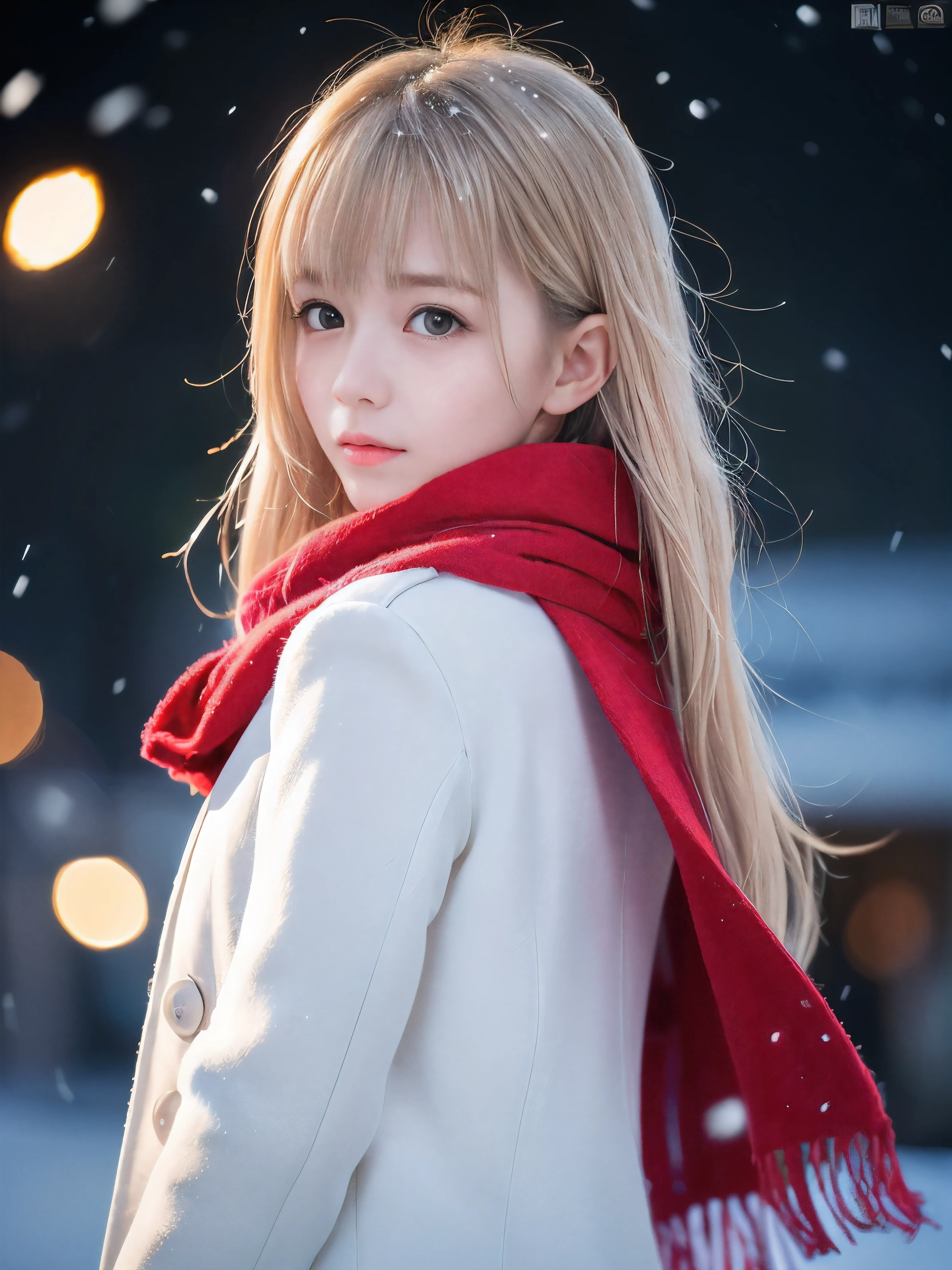 (Close-up face shot of one slender small breasts half up blonde long hair with bangs girl in a winter white long coat and red scarf:1.5)、(One blonde hair girl is looking back with crying face:1.5)、(Very beautiful Christmas illumination night:1.5)、(Heavy snowing night:1.5)、(blurred background:1.5)、(Natural light:1.5)、(8k ultra detailed master piece:1.5)、(perfect anatomy:1.5)、(Photorealistic stick:1.5)、(Raw photo:1.3)、(highest quality:1.5)、(High resolution:1.3)、(Delicate and beautiful perfect face:1.3)、(Delicate and beautiful eye air skin:1.3)、(Real Human Skin:1.3)、((thin legs))