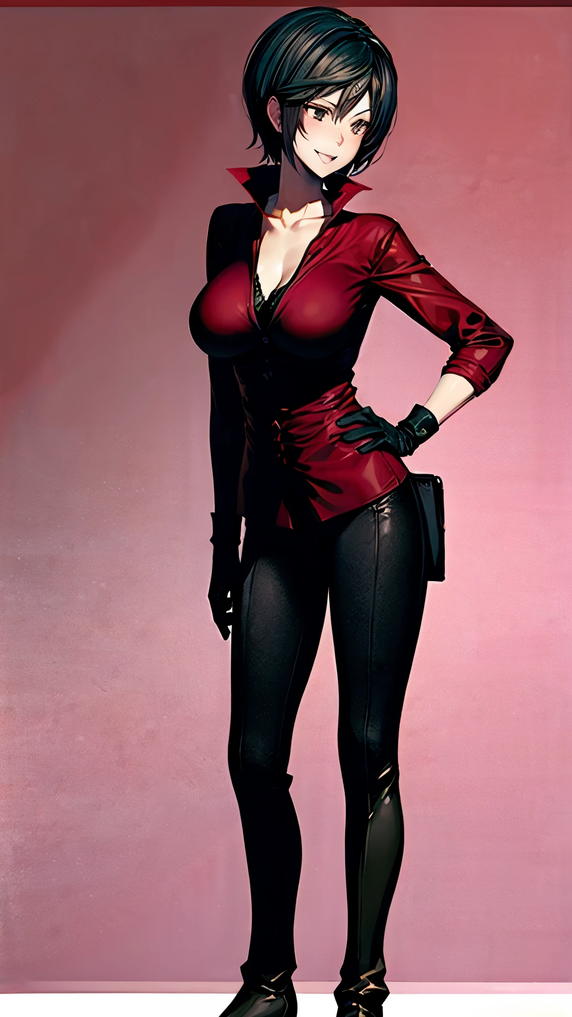 （ super quality, ultra high resolution,16k,super masterpiece,Ultra HD ,Detailed shading and background,）sexy wife,Short, straight, black hair ,（A red shirt suit that has been unbuttoned, spread wide, and stood straight,Folded sleeves, black long gloves,Tight black pants, black long boots ,） Necklaces ,smile,Open thick lips vertically , Living room where the sun shines ,