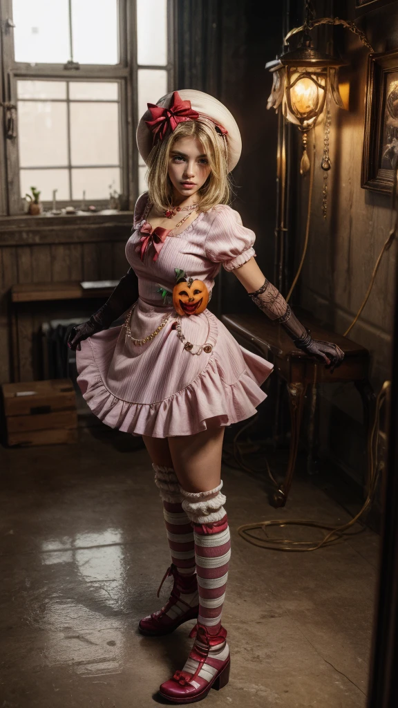 (masterpiece, best quality:1.2), 1girl, solo,standing_split, 
A photo of a beautiful lady cosplaying Lambdadelta, pink beret, dress, blonde hair, short hair, pink and white striped knee highs, pink shoes, red eyes, pumpkin, Jack-o’-lantern